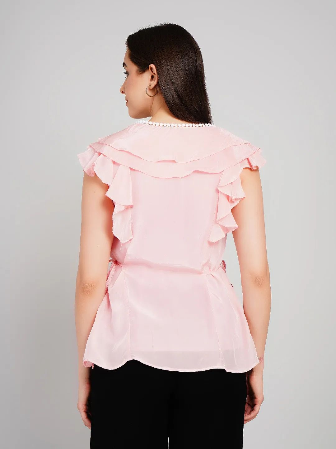 Women Pink Sleeveless Peplum Top with Draped Ruffles and Tie-Up Detail