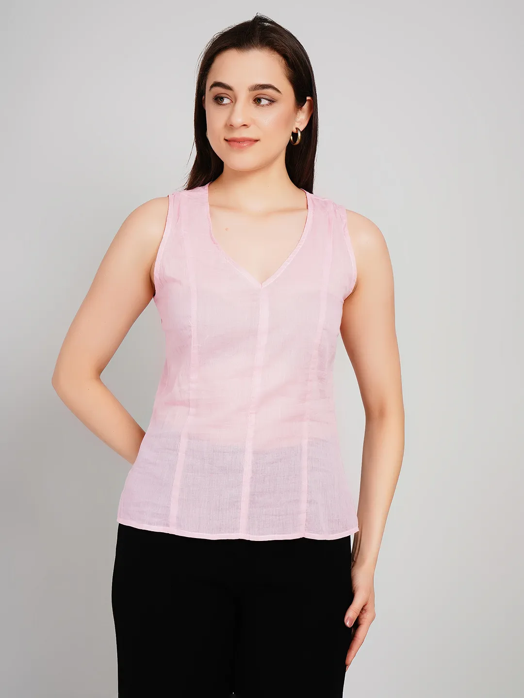 Women Pink Sleeveless Peplum Top with Draped Ruffles and Tie-Up Detail