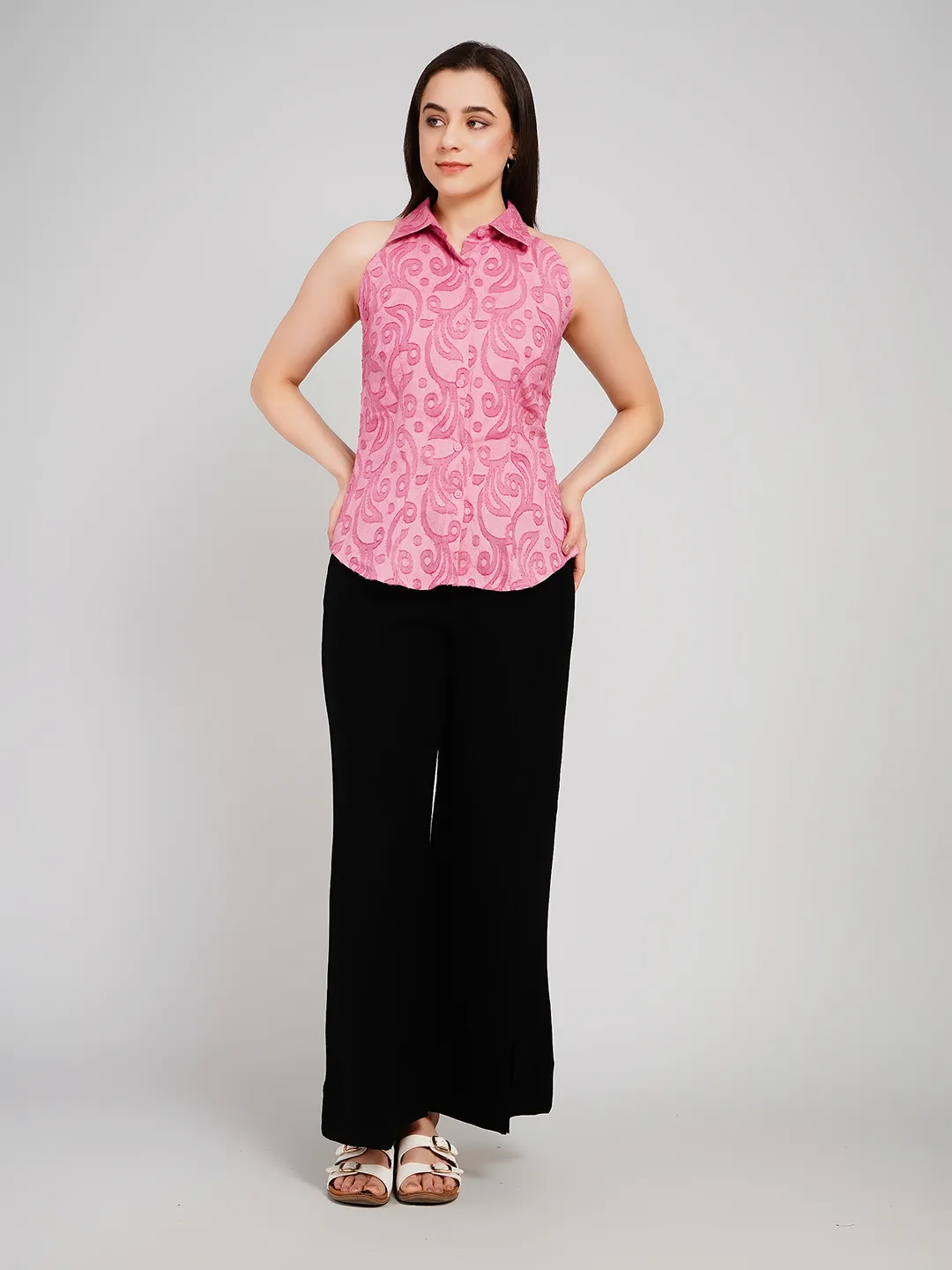 Women Pink Self-Design Halter-Neck Top with Button-Down Detail