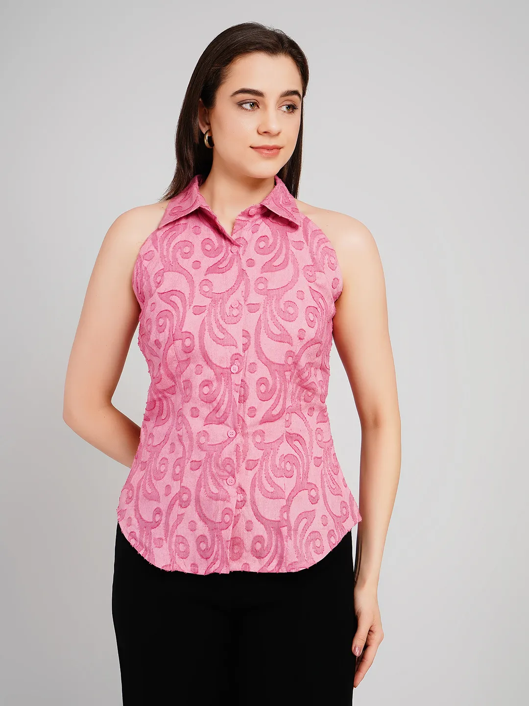 Women Pink Self-Design Halter-Neck Top with Button-Down Detail