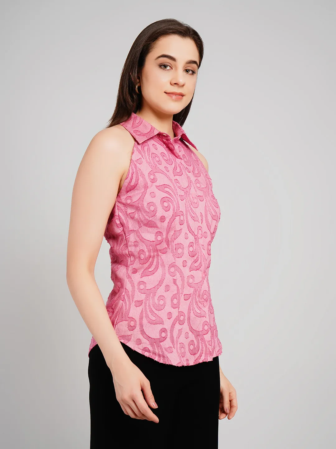 Women Pink Self-Design Halter-Neck Top with Button-Down Detail