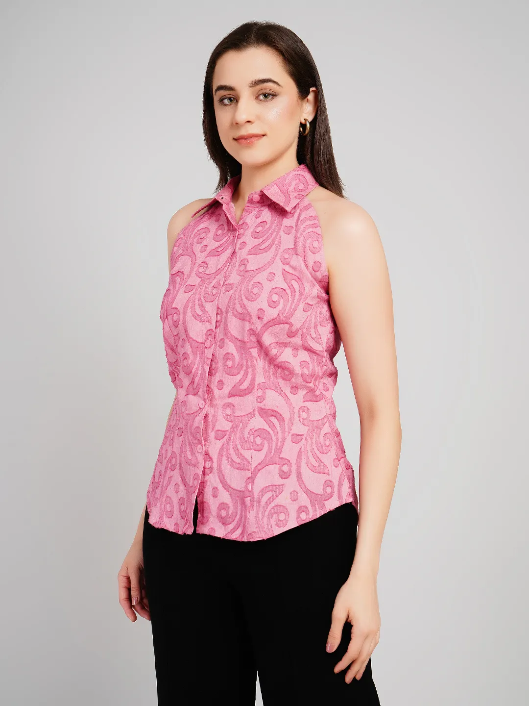 Women Pink Self-Design Halter-Neck Top with Button-Down Detail