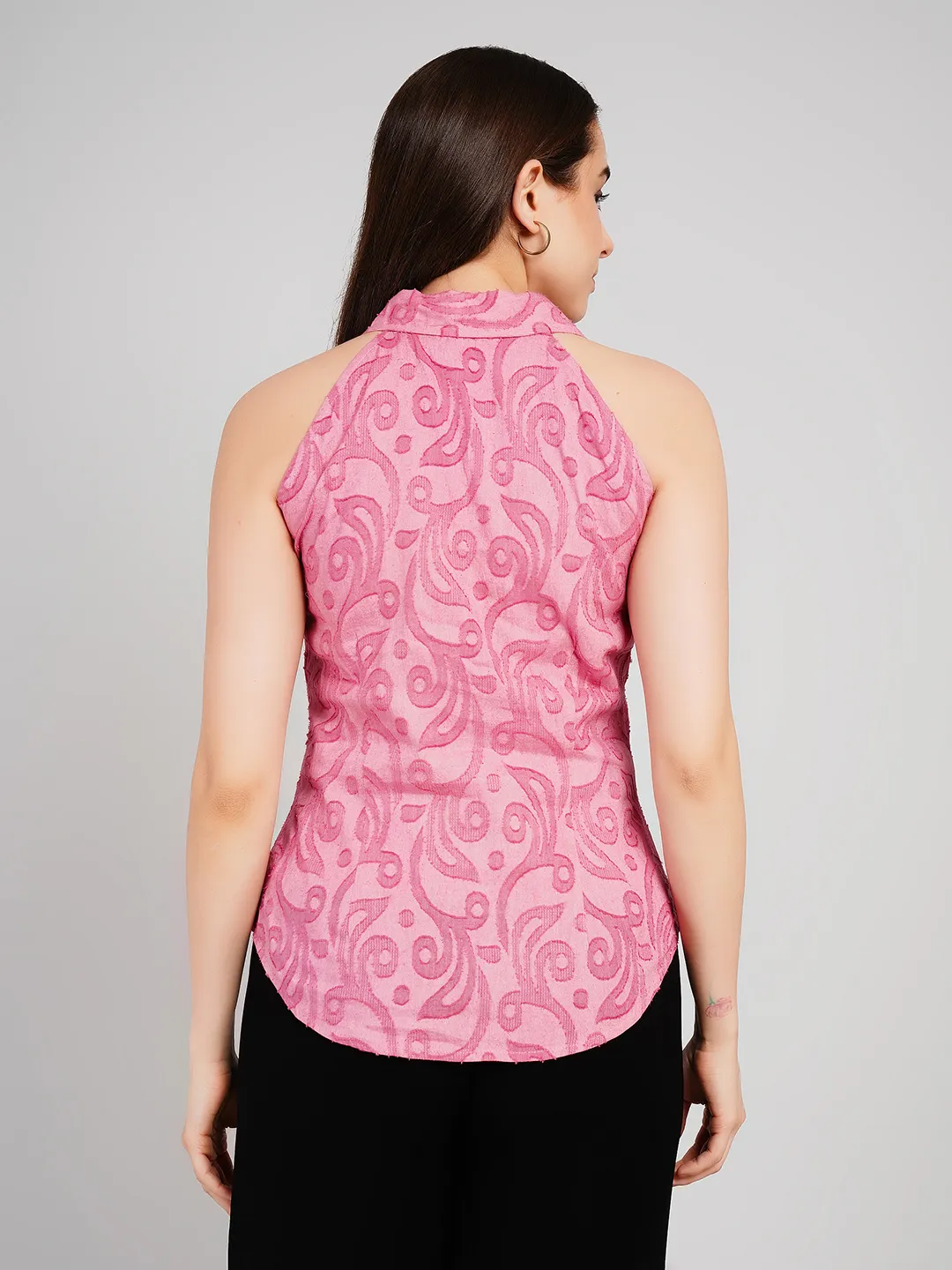Women Pink Self-Design Halter-Neck Top with Button-Down Detail