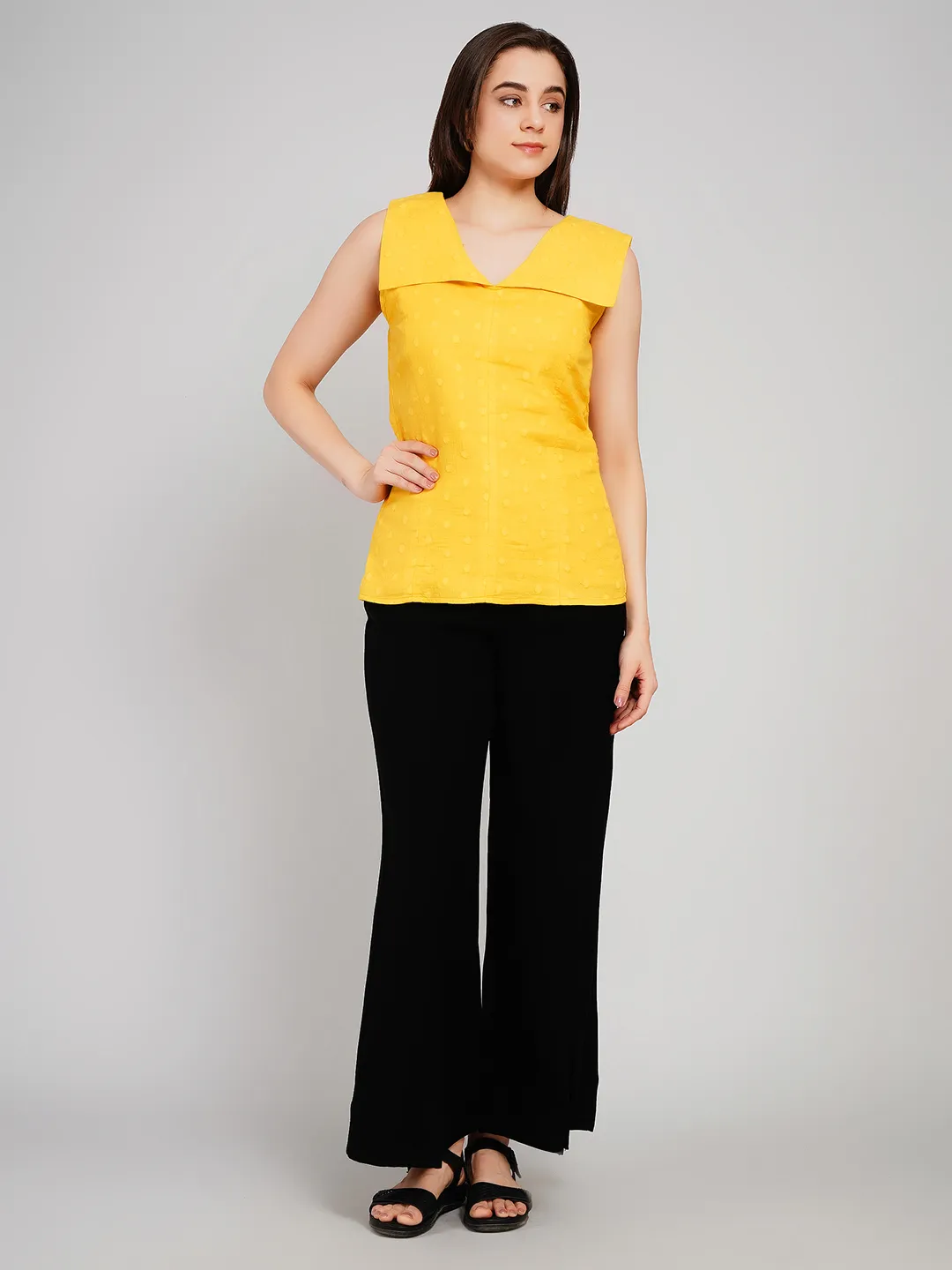 Women Yellow Dobby Textured Sleeveless Top with Flat Collar