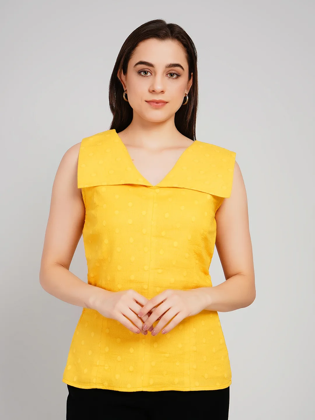 Women Yellow Dobby Textured Sleeveless Top with Flat Collar