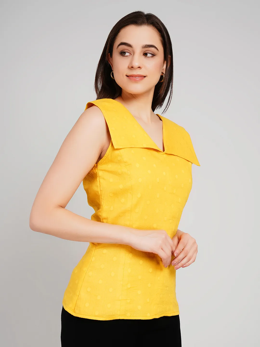 Women Yellow Dobby Textured Sleeveless Top with Flat Collar