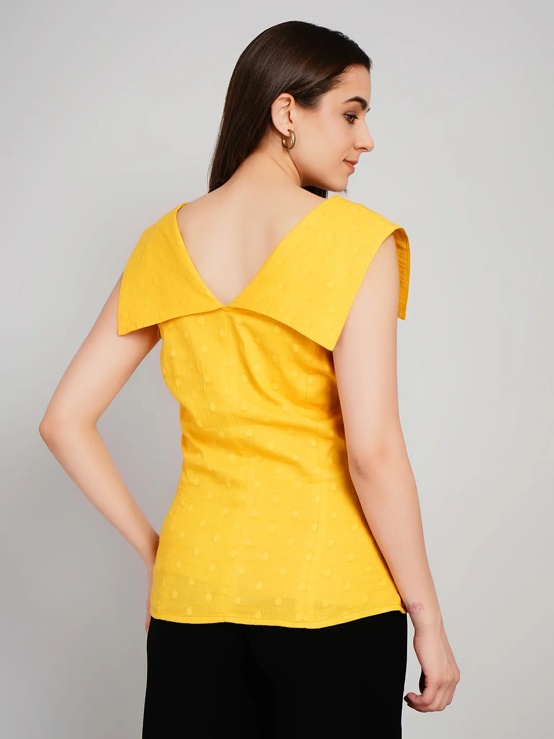 Women Yellow Dobby Textured Sleeveless Top with Flat Collar