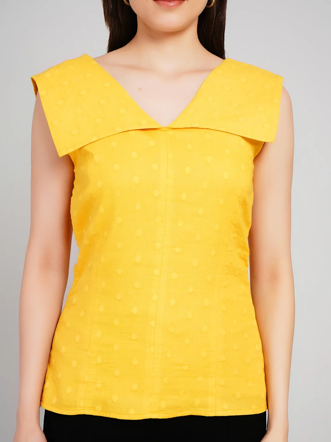Women Yellow Dobby Textured Sleeveless Top with Flat Collar