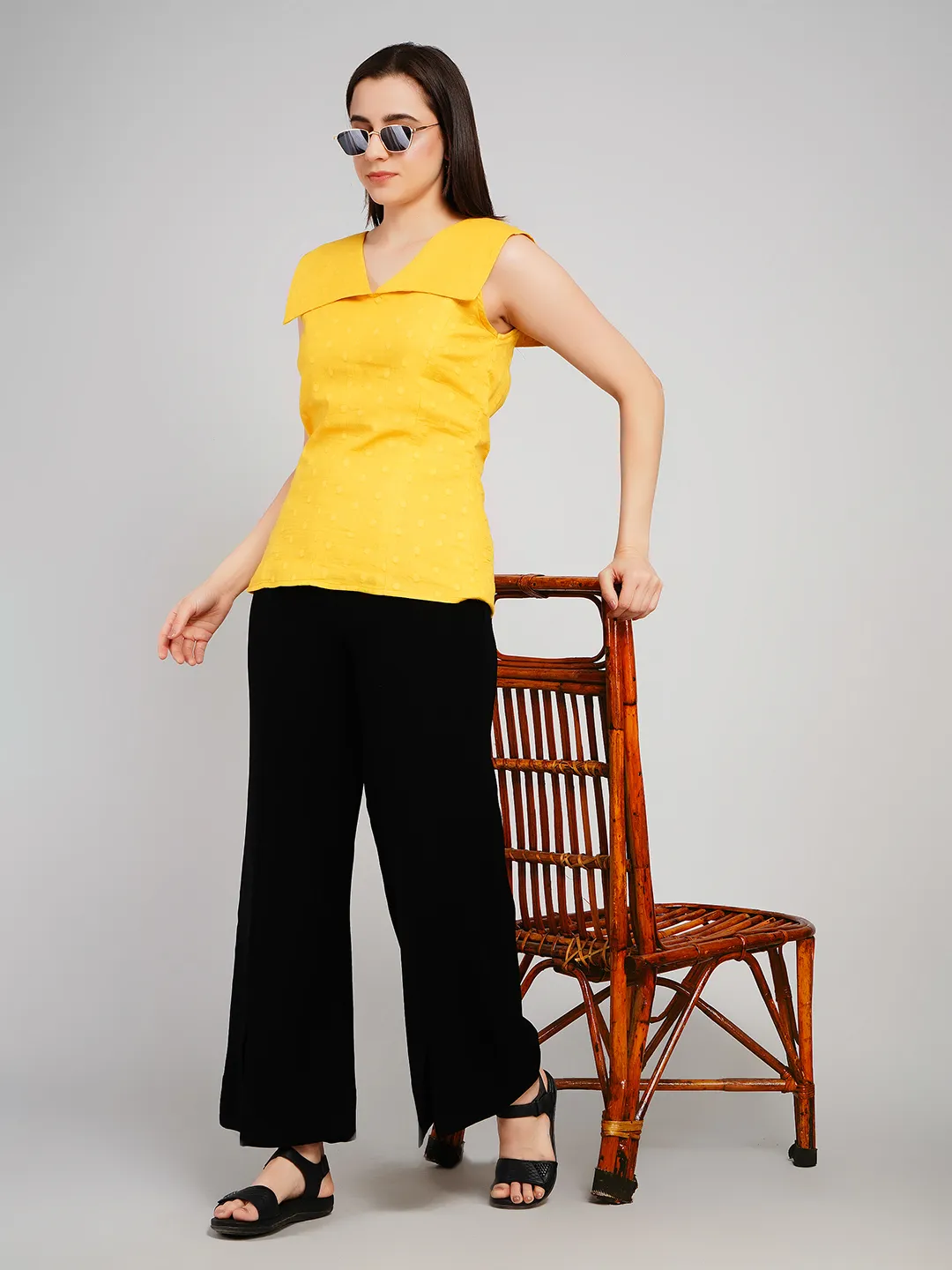 Women Yellow Dobby Textured Sleeveless Top with Flat Collar
