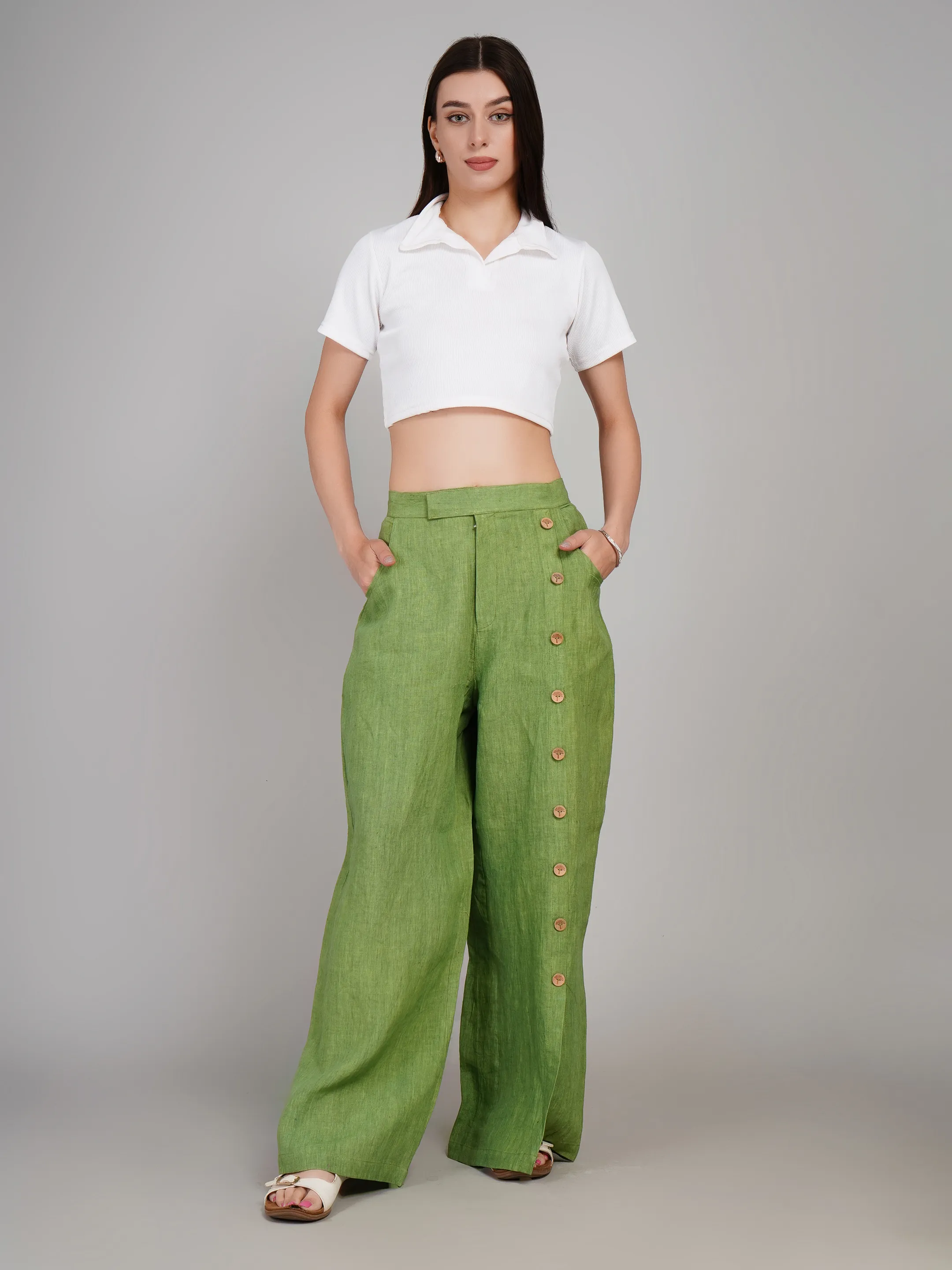 Women Olive Green Linen-Look Flared Pants with Side Buttons & Slit