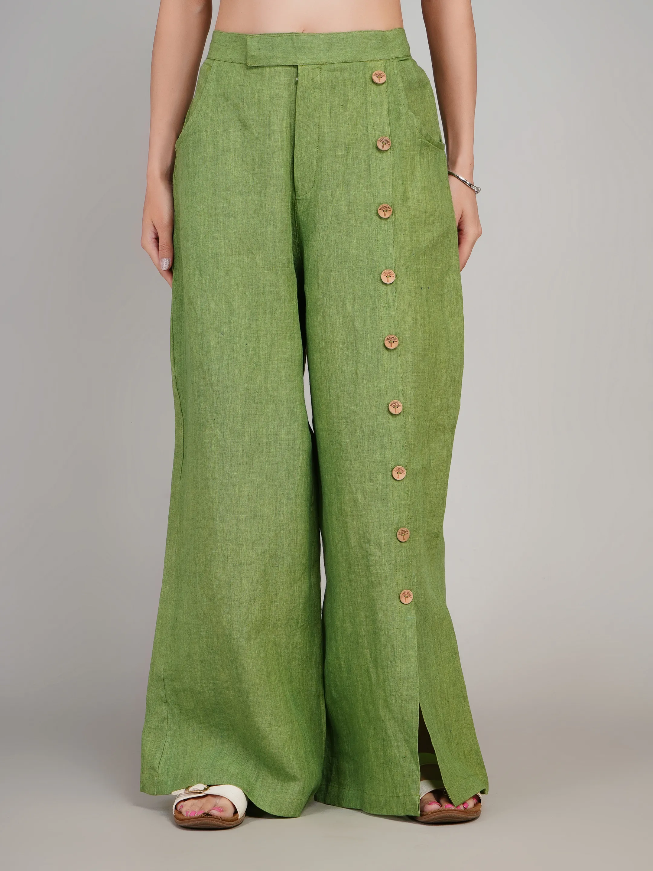 Women Olive Green Linen-Look Flared Pants with Side Buttons & Slit