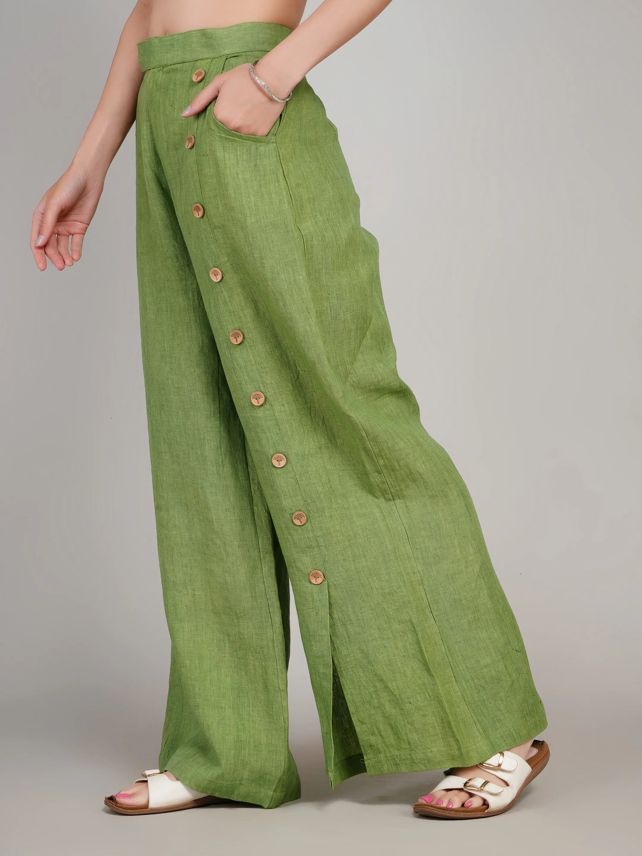 Women Olive Green Linen-Look Flared Pants with Side Buttons & Slit
