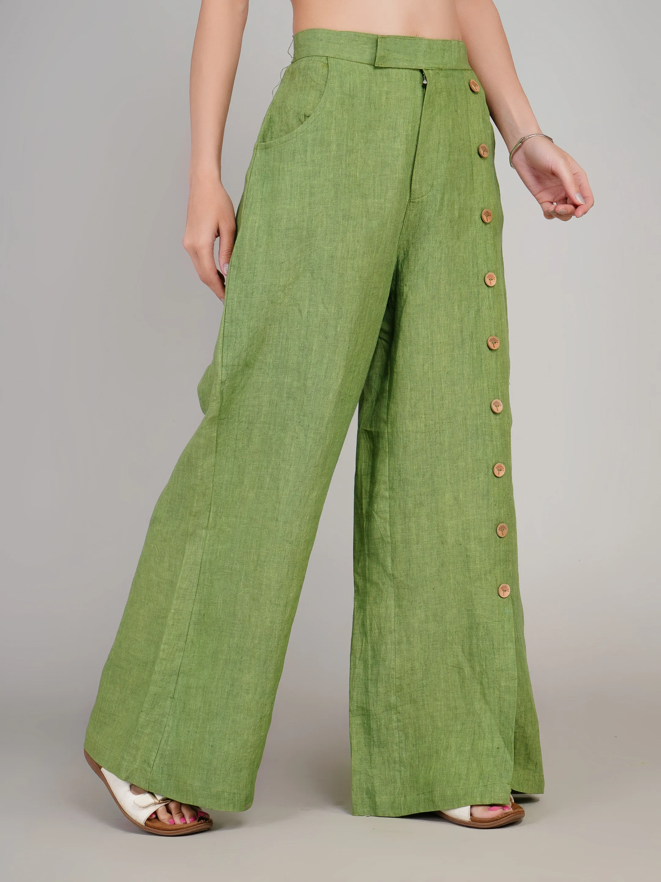 Women Olive Green Linen-Look Flared Pants with Side Buttons & Slit