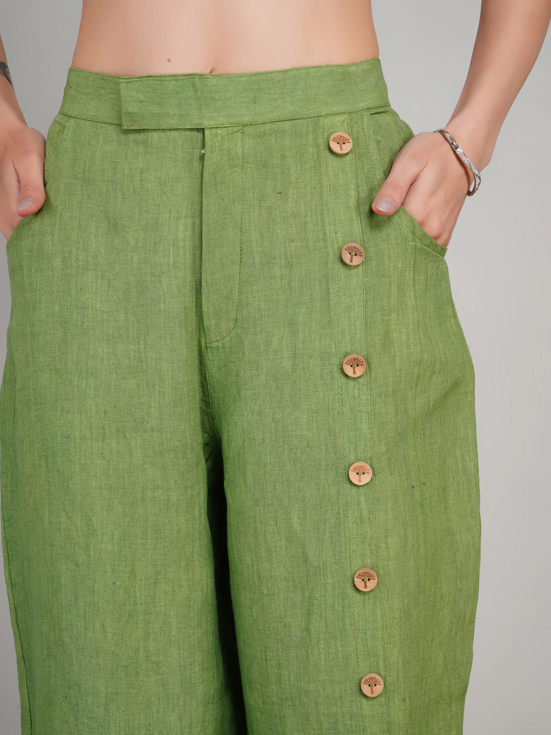 Women Olive Green Linen-Look Flared Pants with Side Buttons & Slit