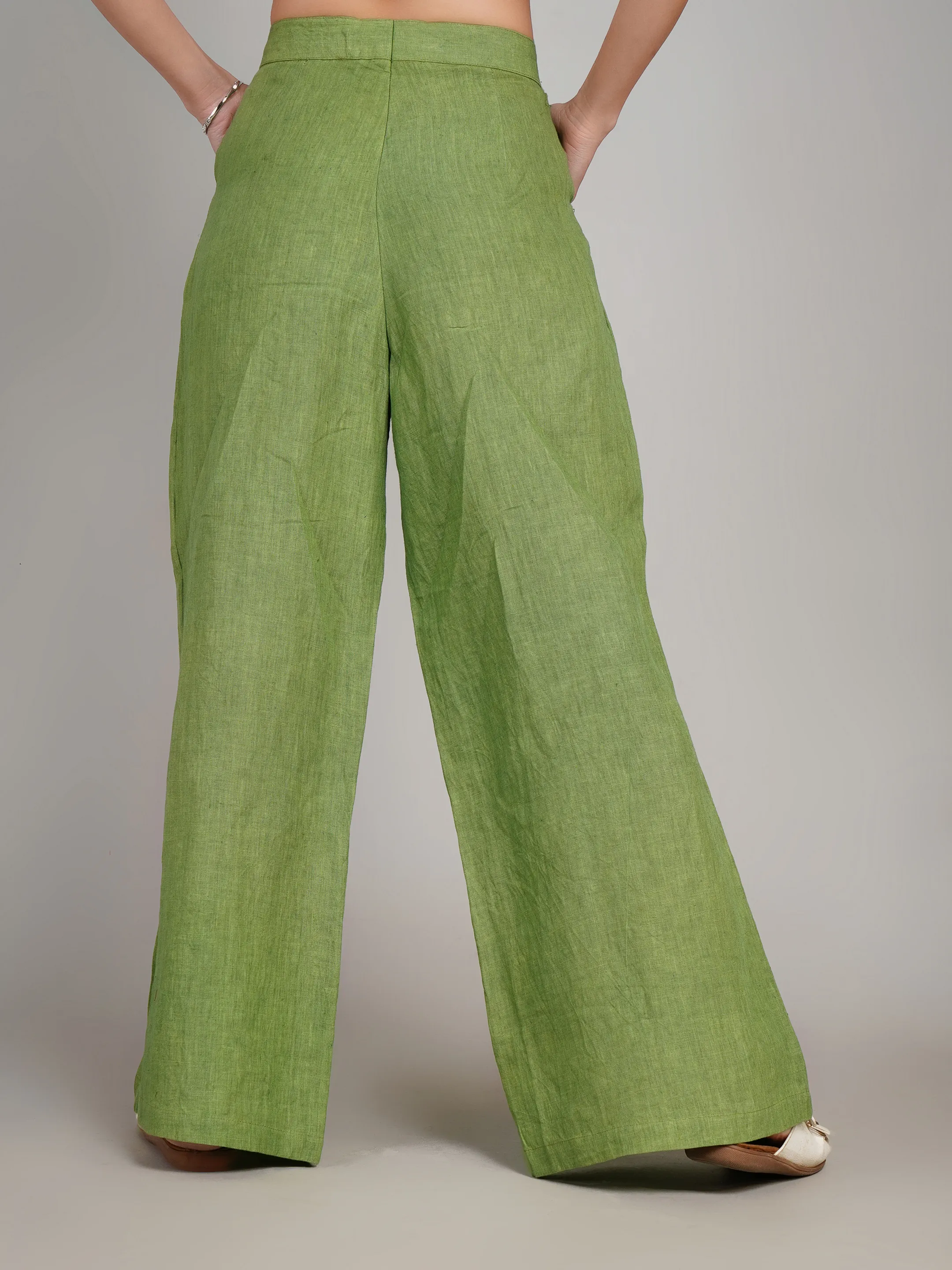 Women Olive Green Linen-Look Flared Pants with Side Buttons & Slit