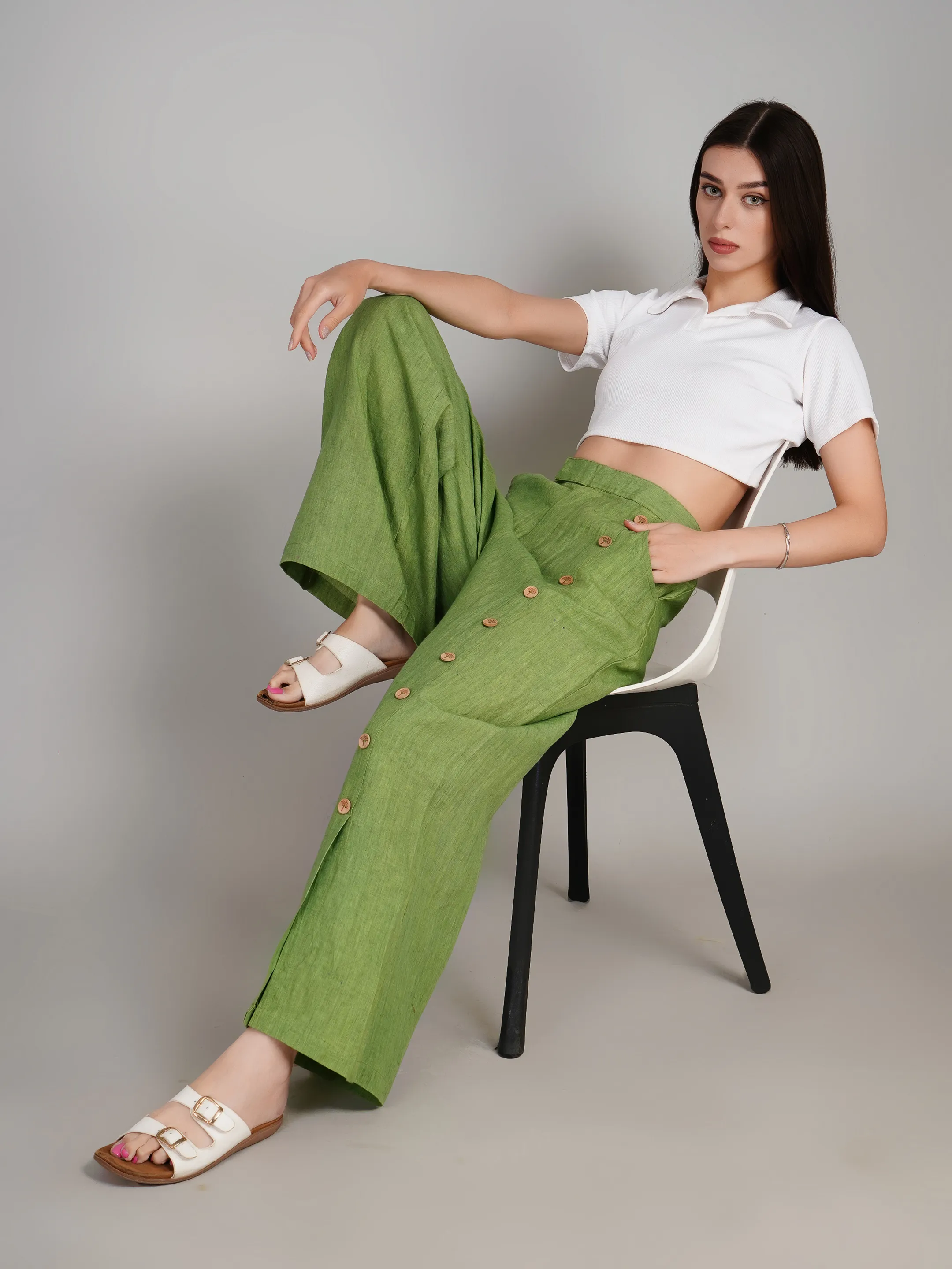 Women Olive Green Linen-Look Flared Pants with Side Buttons & Slit