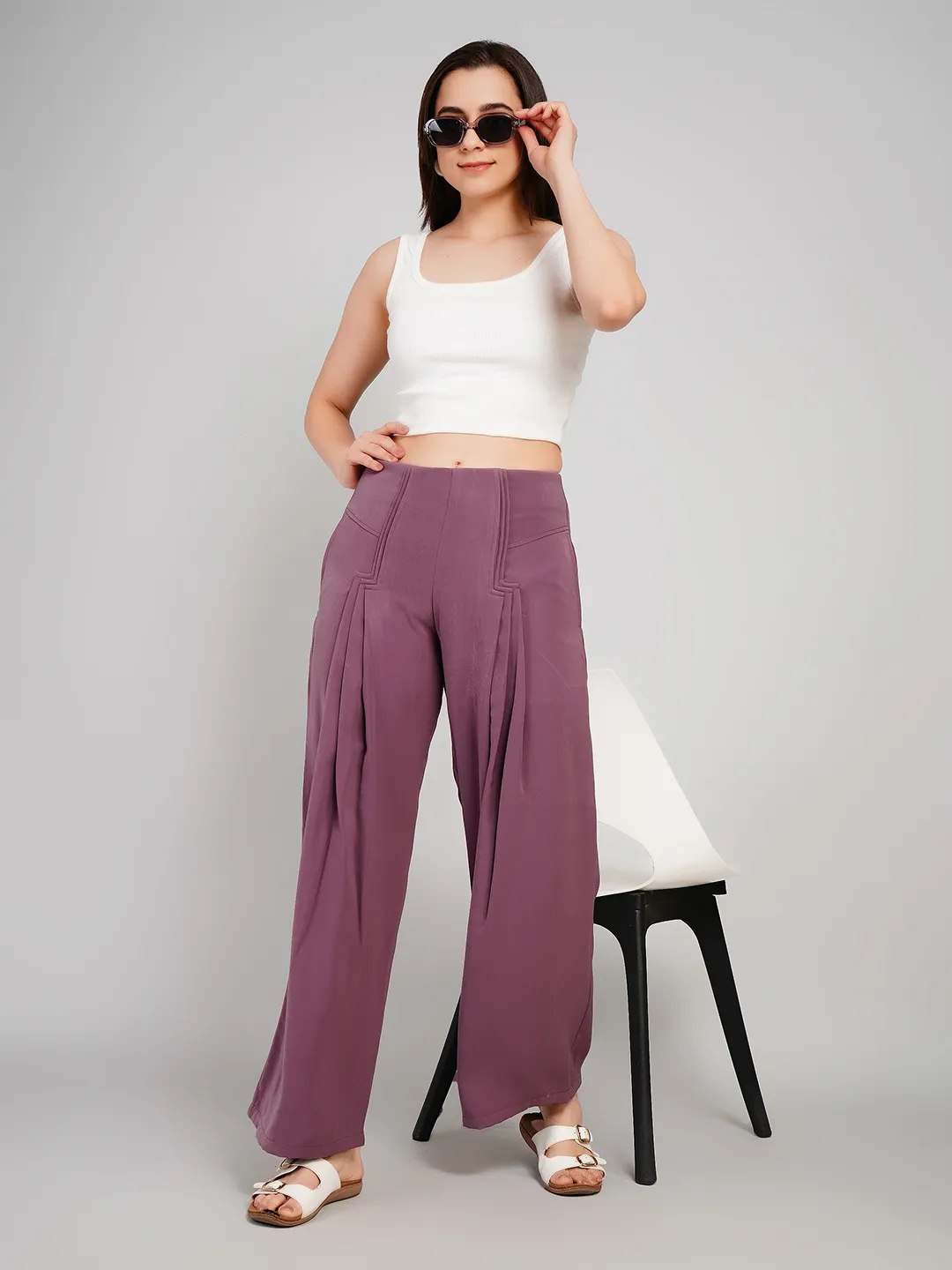 Women Plum Solid Pleated Palazzo Trousers with Structural Seams