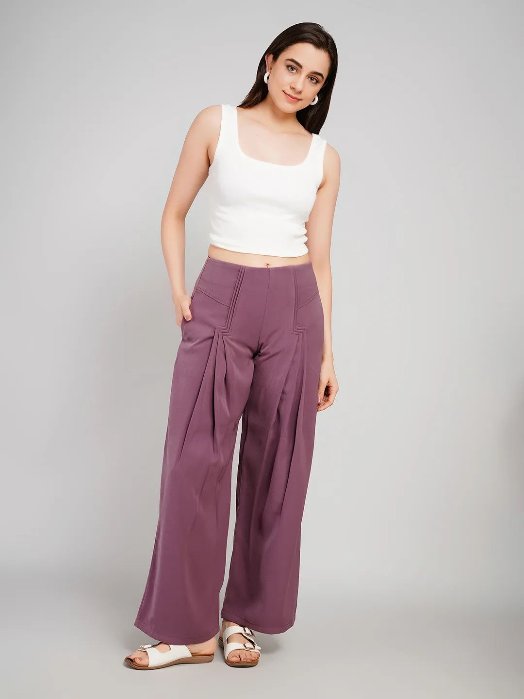 Women Plum Solid Pleated Palazzo Trousers with Structural Seams