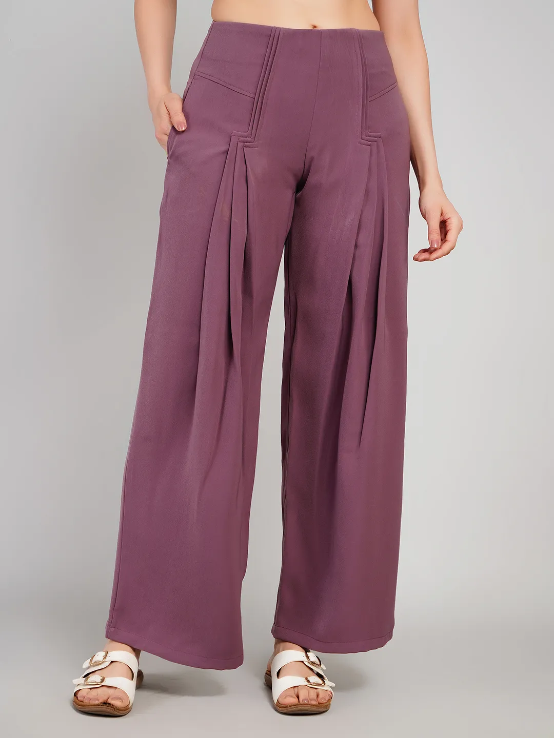 Women Plum Solid Pleated Palazzo Trousers with Structural Seams