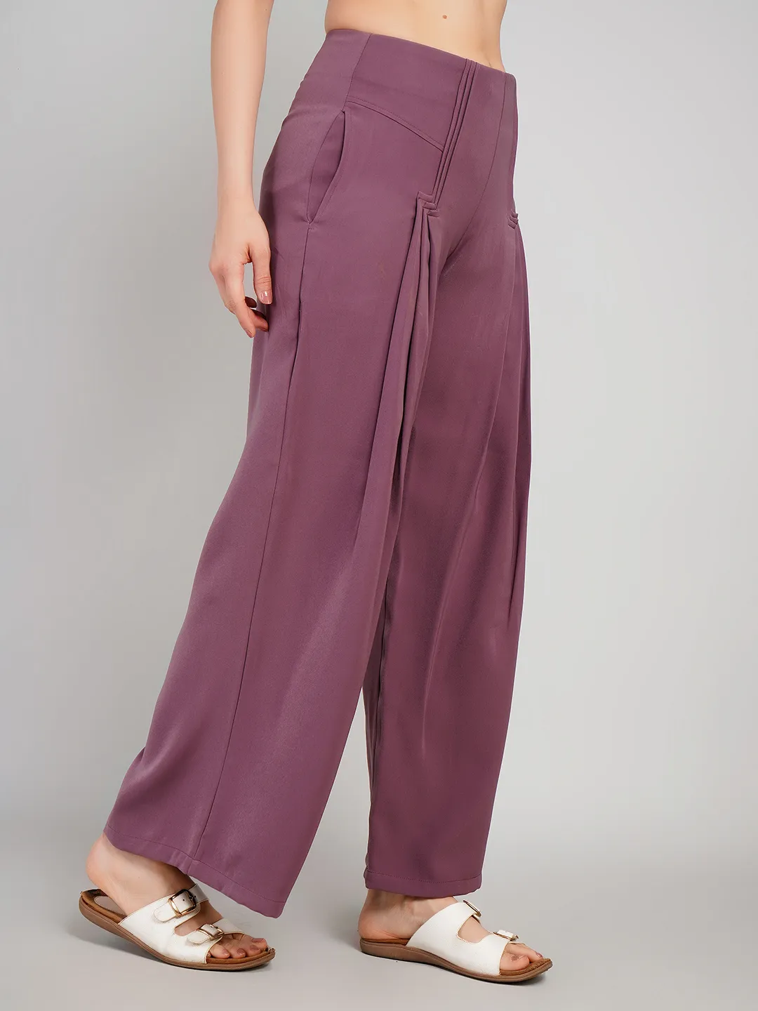 Women Plum Solid Pleated Palazzo Trousers with Structural Seams