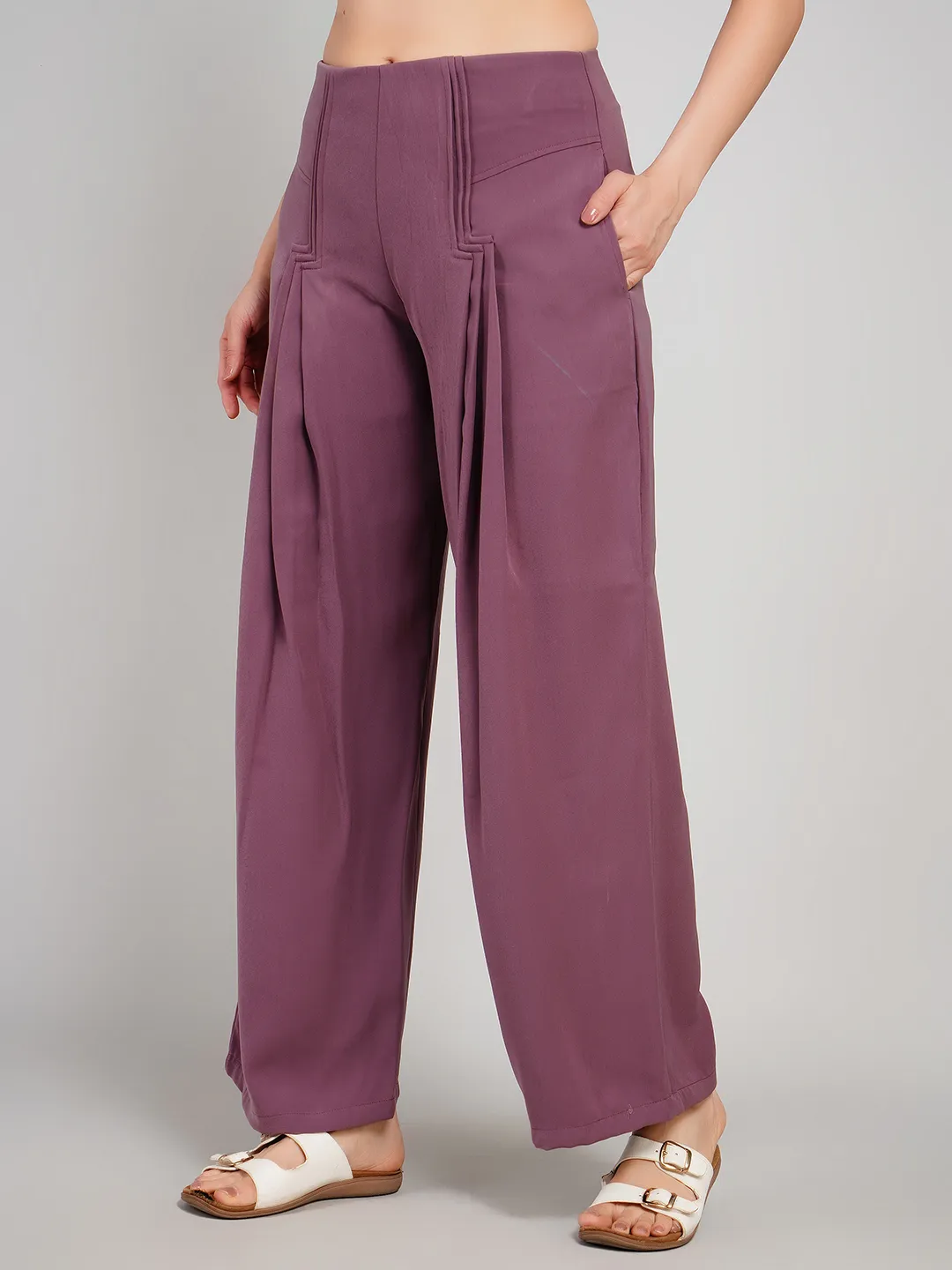 Women Plum Solid Pleated Palazzo Trousers with Structural Seams
