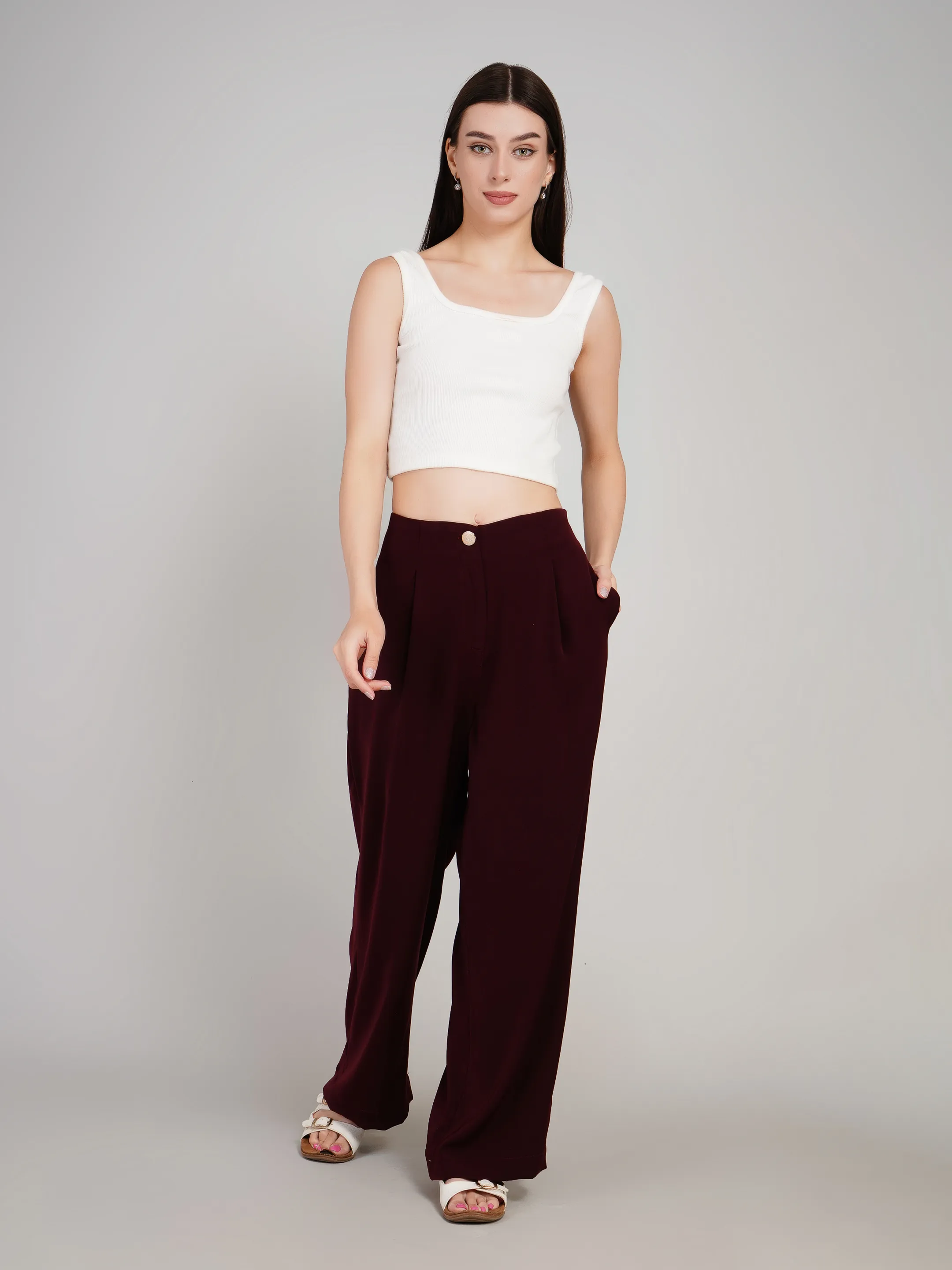 Women Maroon High-Rise Wide Leg Trousers