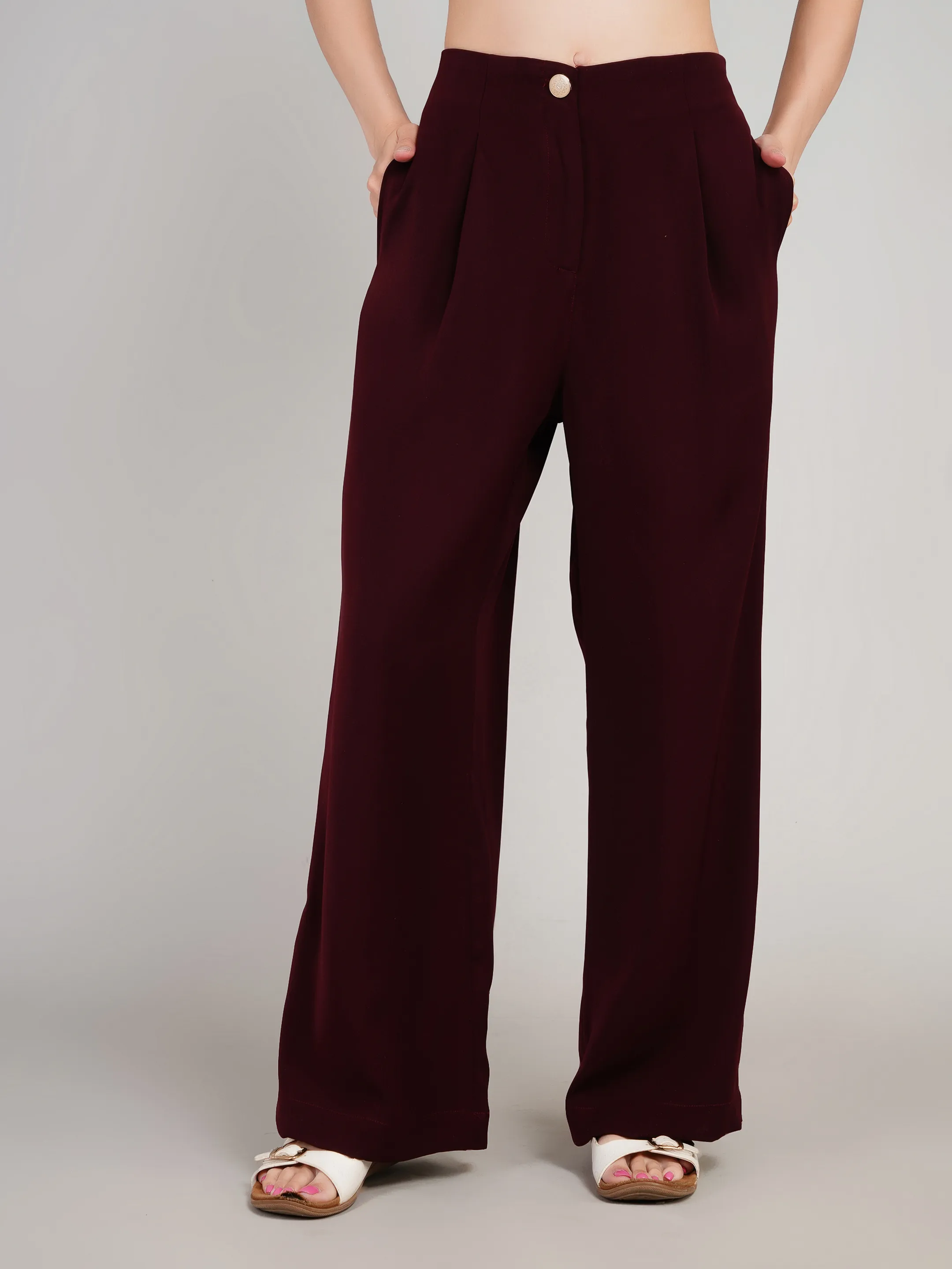 Women Maroon High-Rise Wide Leg Trousers