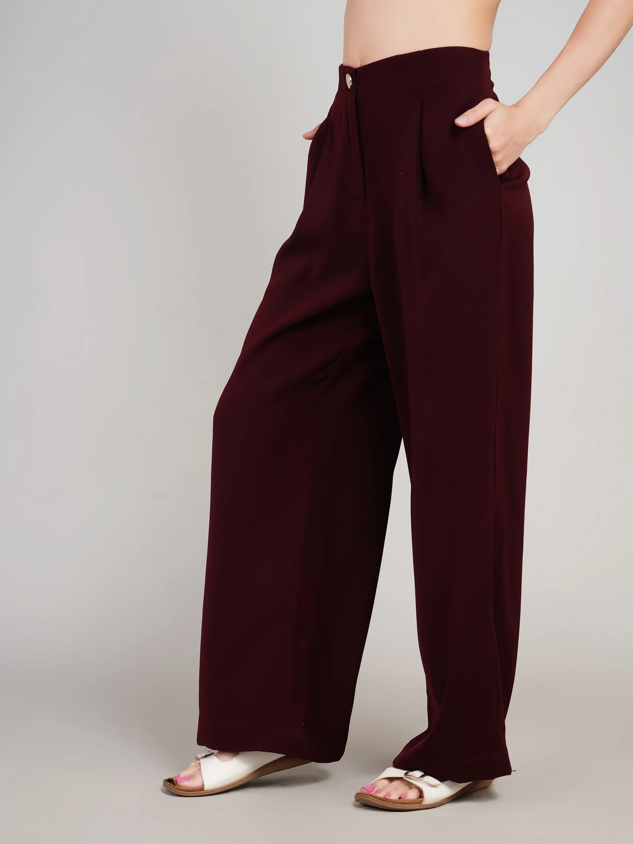 Women Maroon High-Rise Wide Leg Trousers