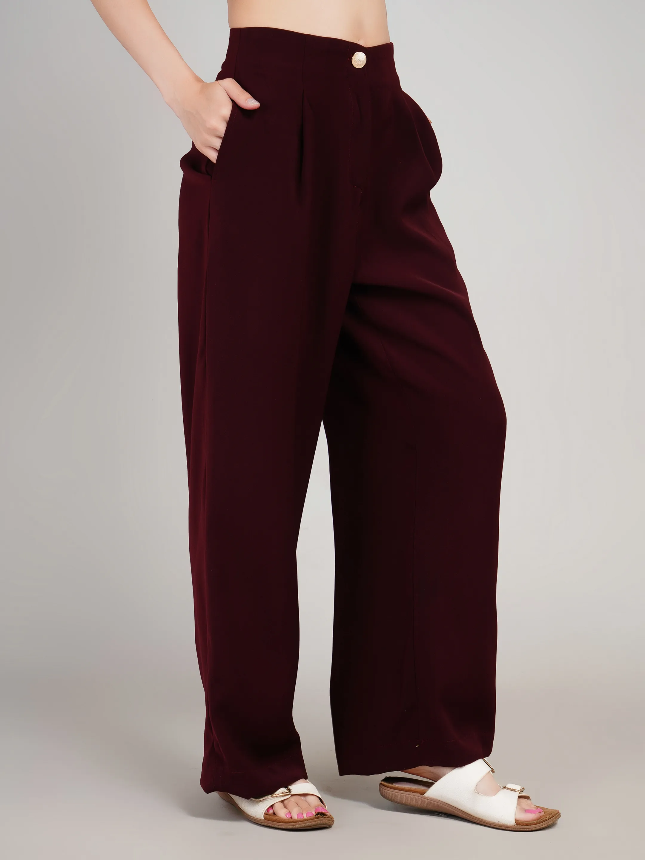 Women Maroon High-Rise Wide Leg Trousers