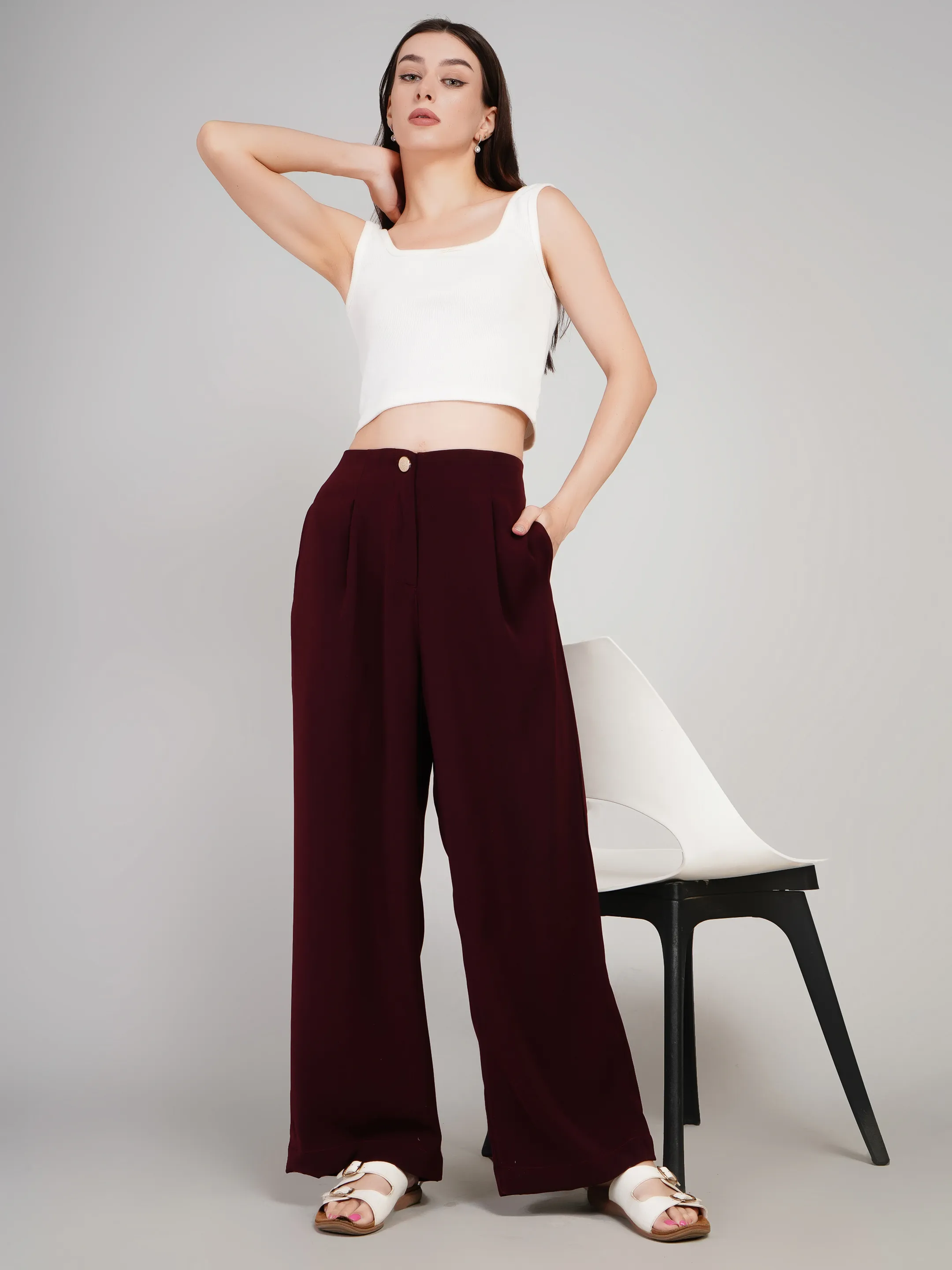 Women Maroon High-Rise Wide Leg Trousers