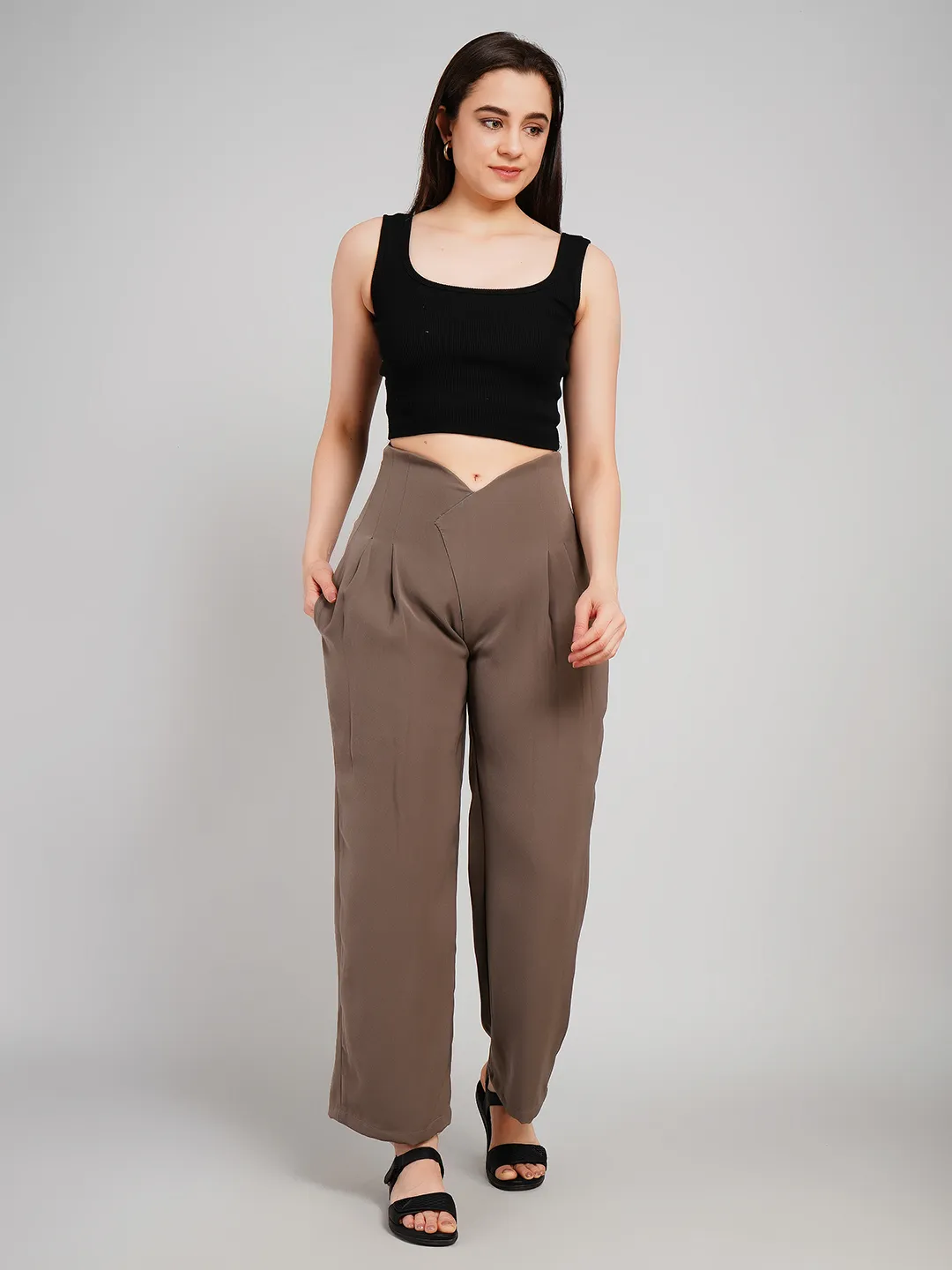 Women Taupe Brown Relaxed Fit Pleated Trousers