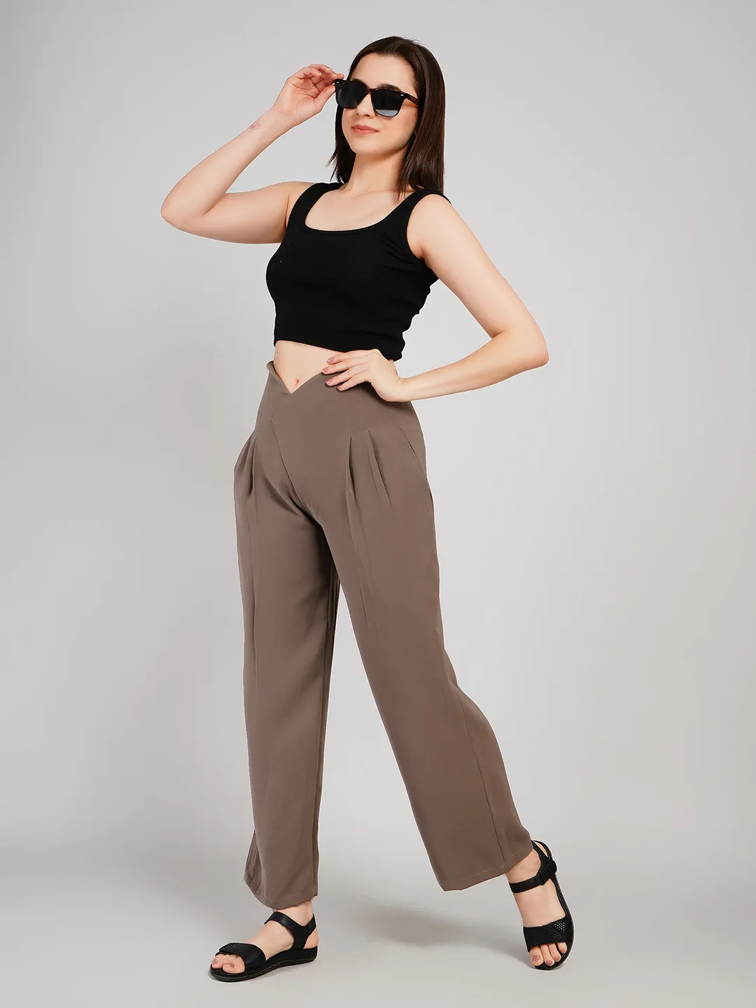 Women Taupe Brown Relaxed Fit Pleated Trousers