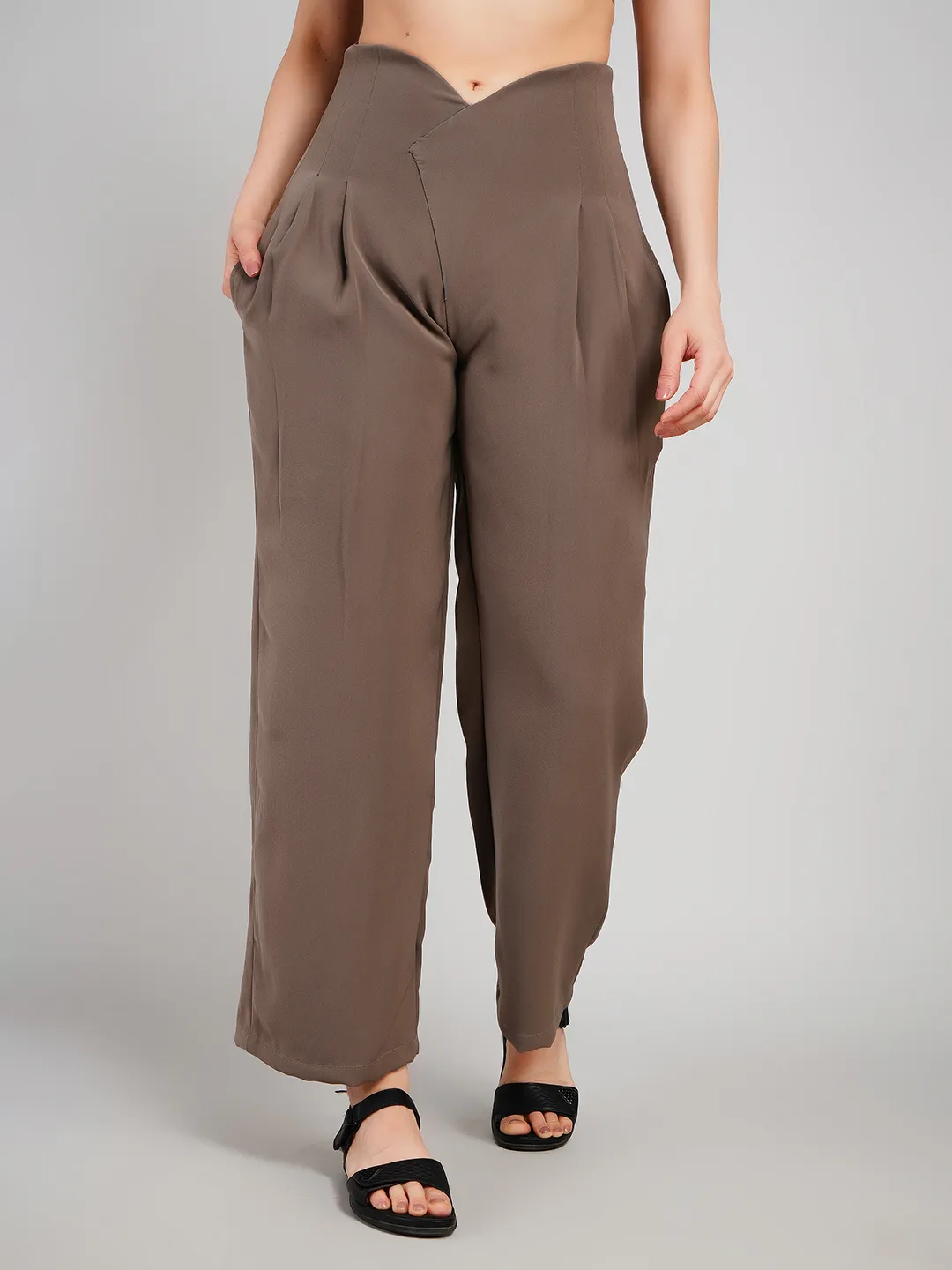 Women Taupe Brown Relaxed Fit Pleated Trousers