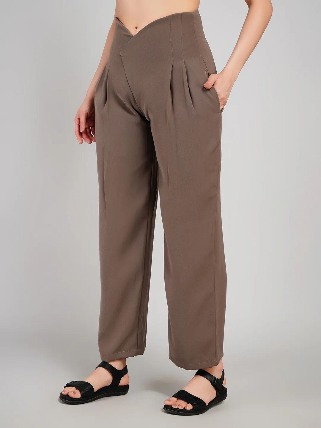 Women Taupe Brown Relaxed Fit Pleated Trousers