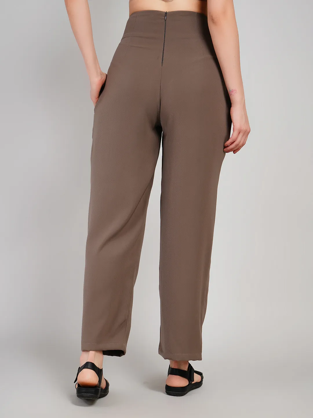 Women Taupe Brown Relaxed Fit Pleated Trousers