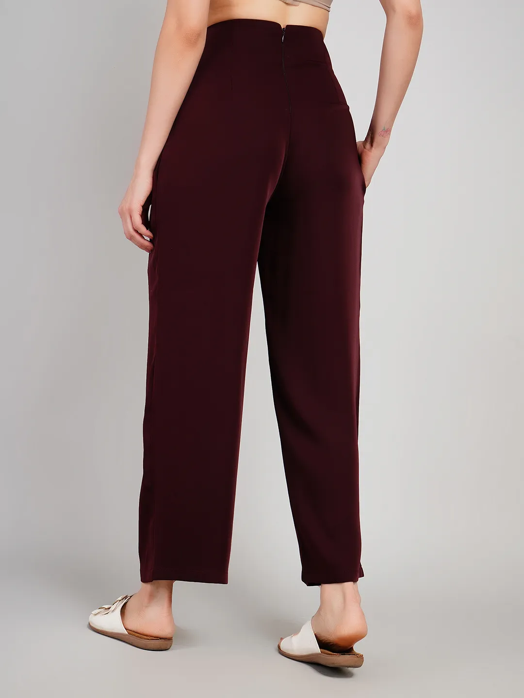 Women Taupe Brown Relaxed Fit Pleated Trousers