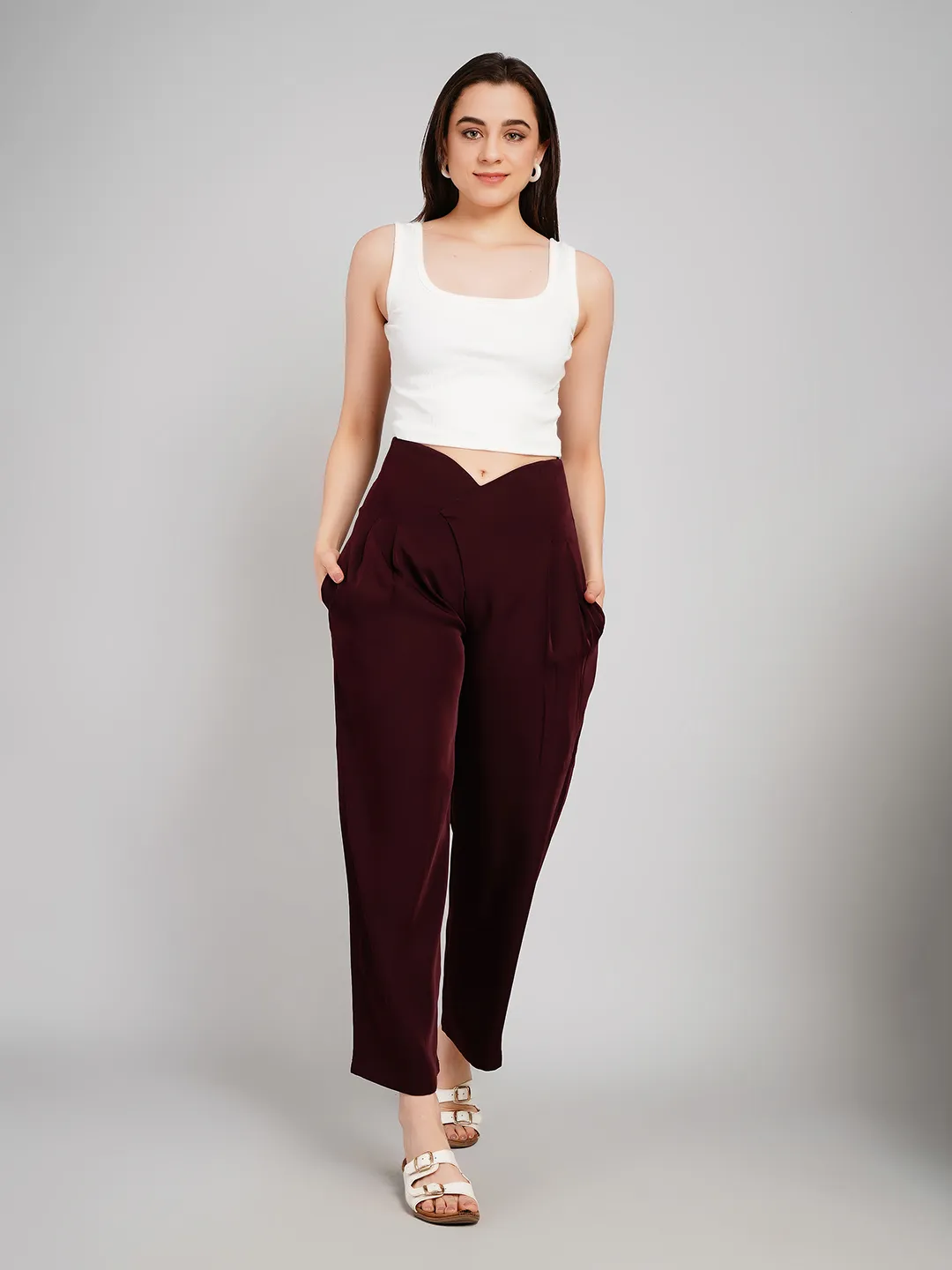 Women Taupe Brown Relaxed Fit Pleated Trousers