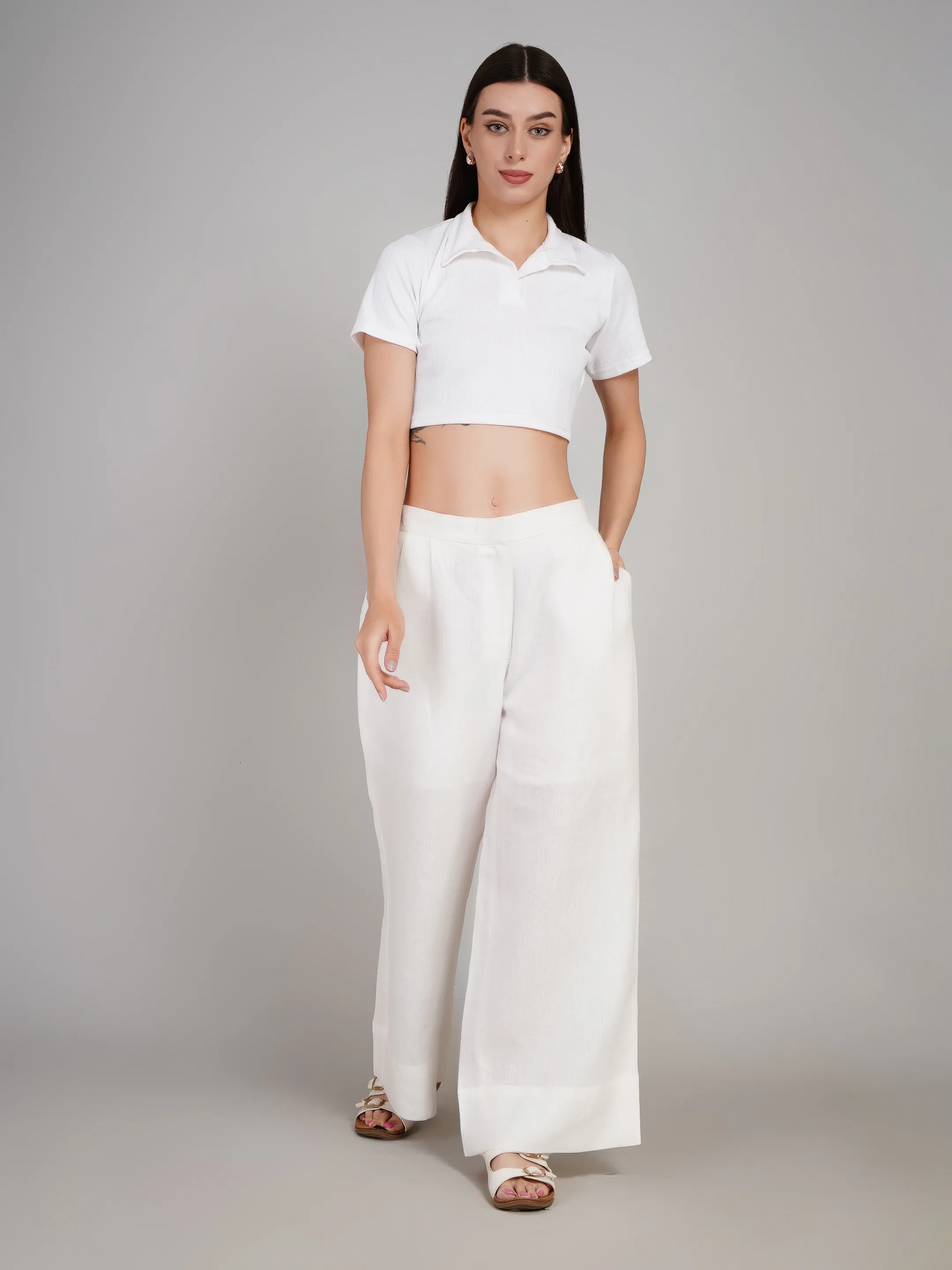 Women White Solid High-Rise Wide-Leg Trousers