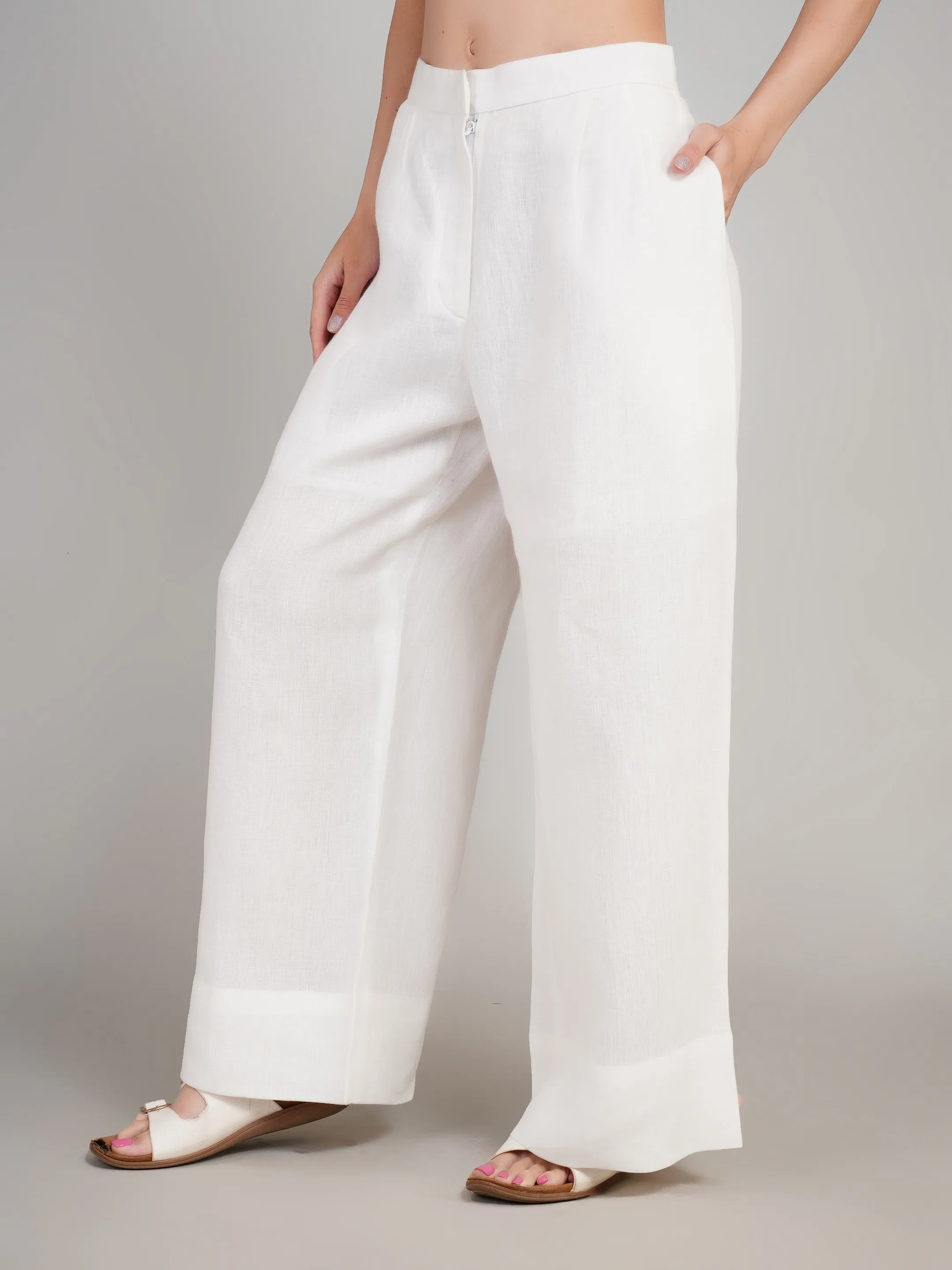 Women White Solid High-Rise Wide-Leg Trousers
