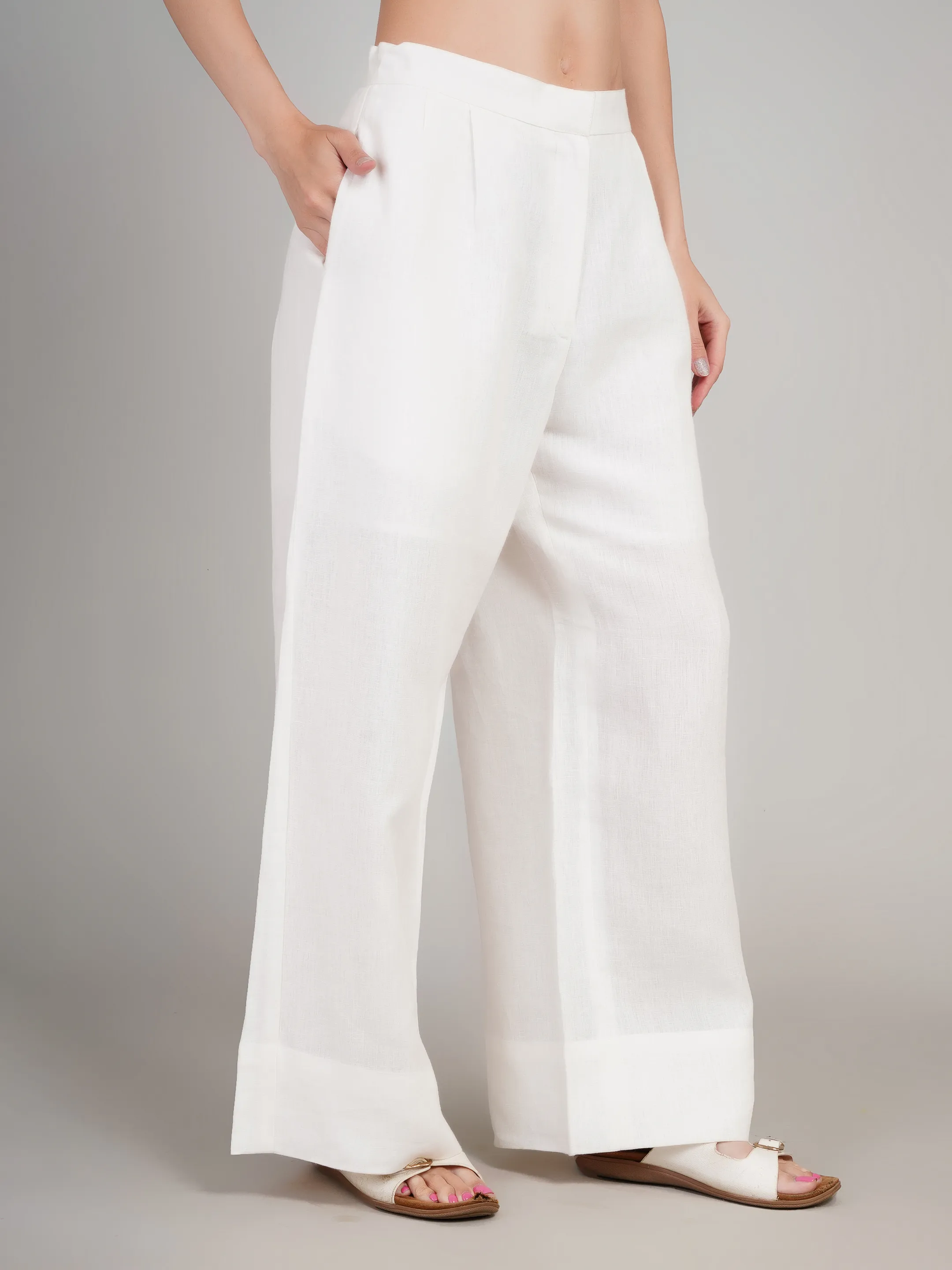Women White Solid High-Rise Wide-Leg Trousers