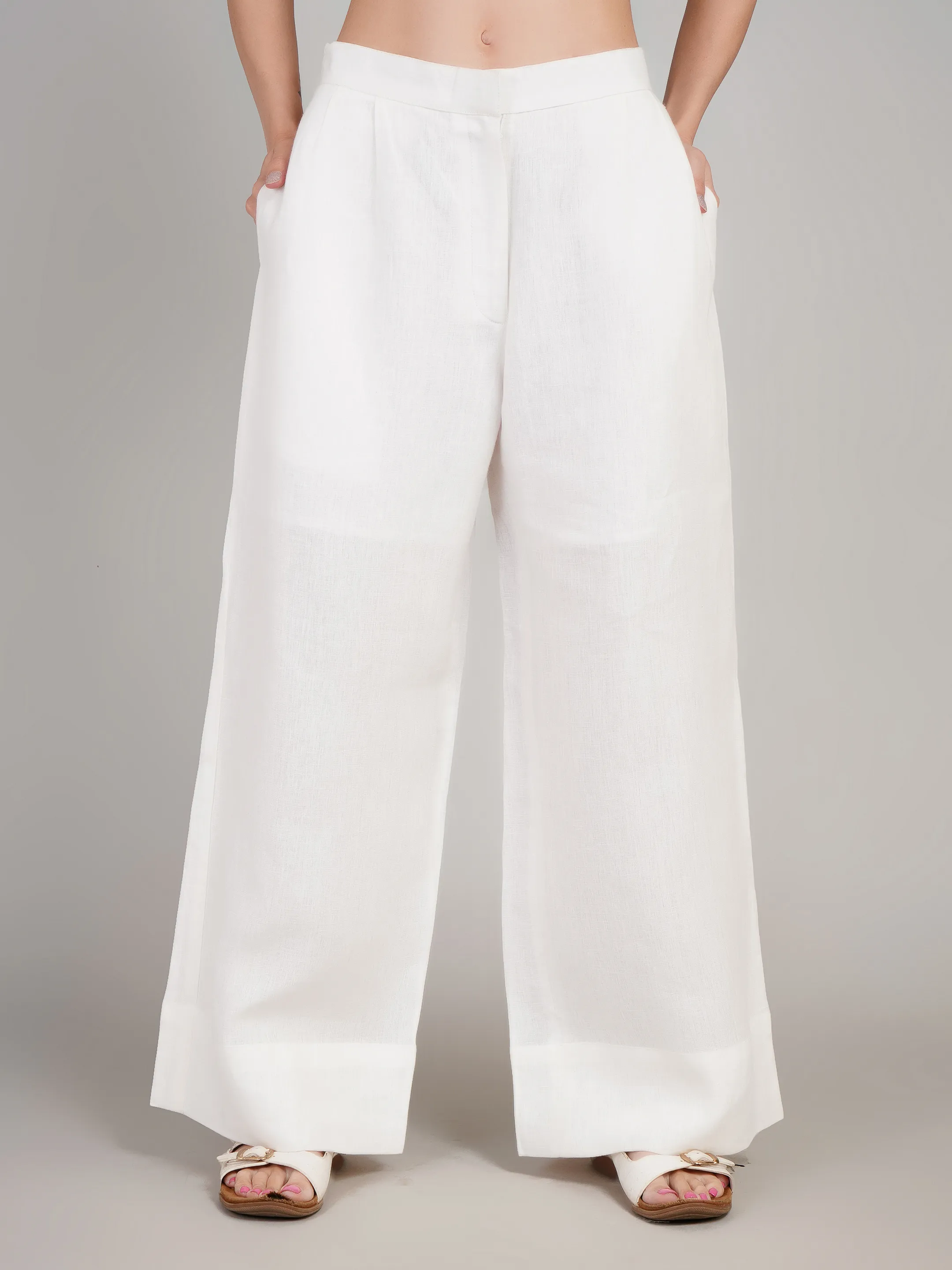 Women White Solid High-Rise Wide-Leg Trousers
