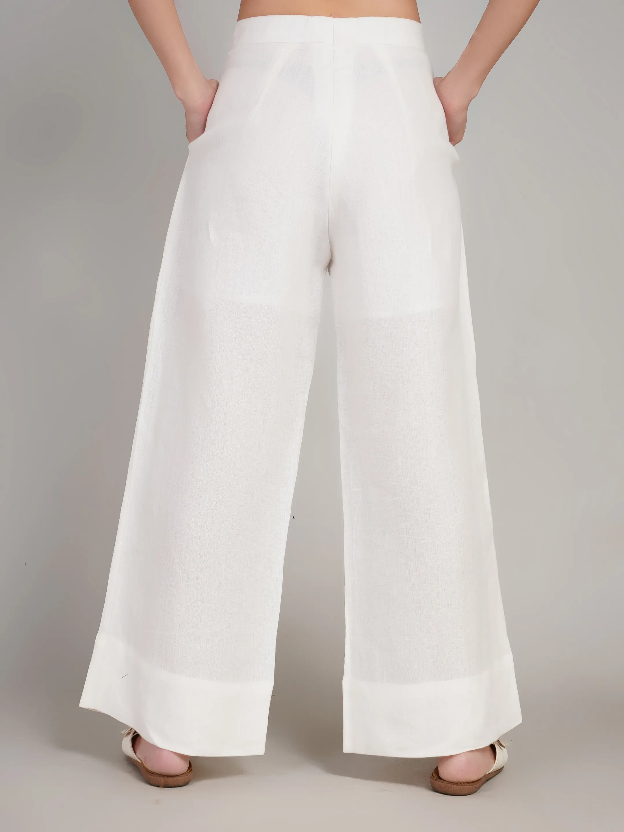 Women White Solid High-Rise Wide-Leg Trousers
