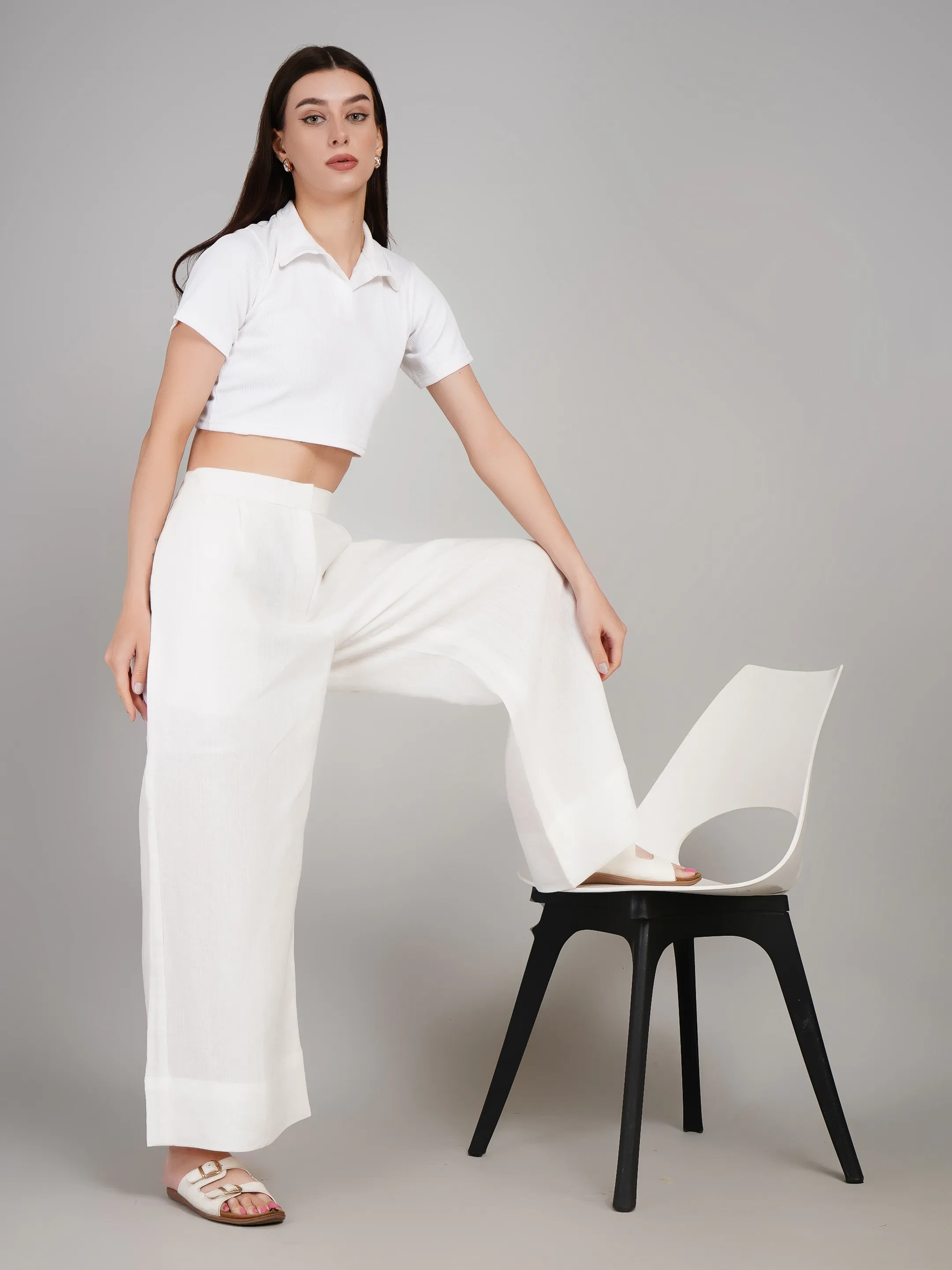 Women White Solid High-Rise Wide-Leg Trousers