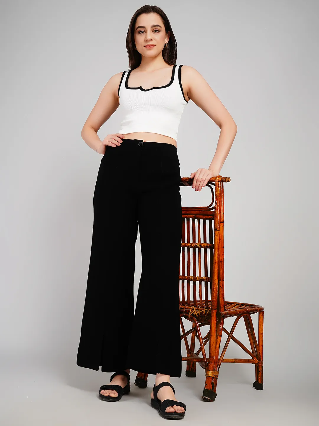 Women Black Solid High-Rise Wide-Leg Trousers with Front Slits