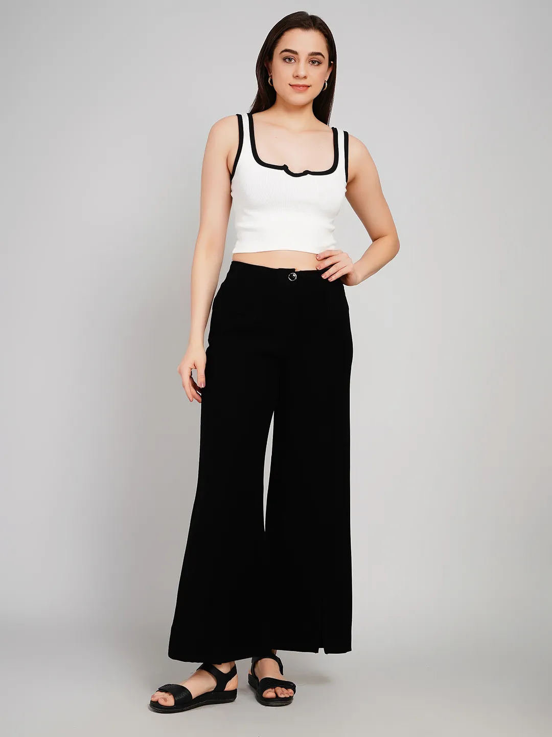 Women Black Solid High-Rise Wide-Leg Trousers with Front Slits