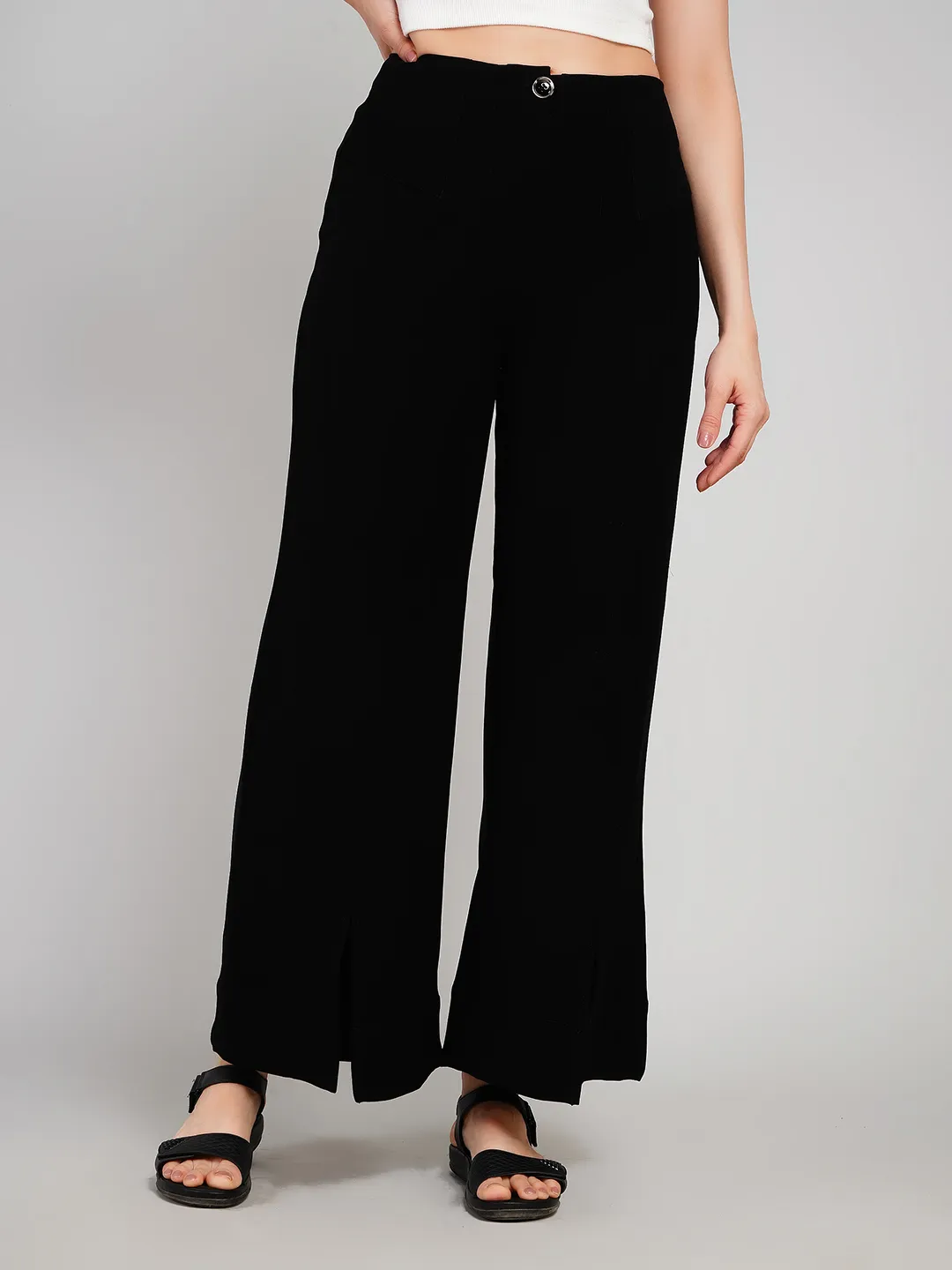 Women Black Solid High-Rise Wide-Leg Trousers with Front Slits
