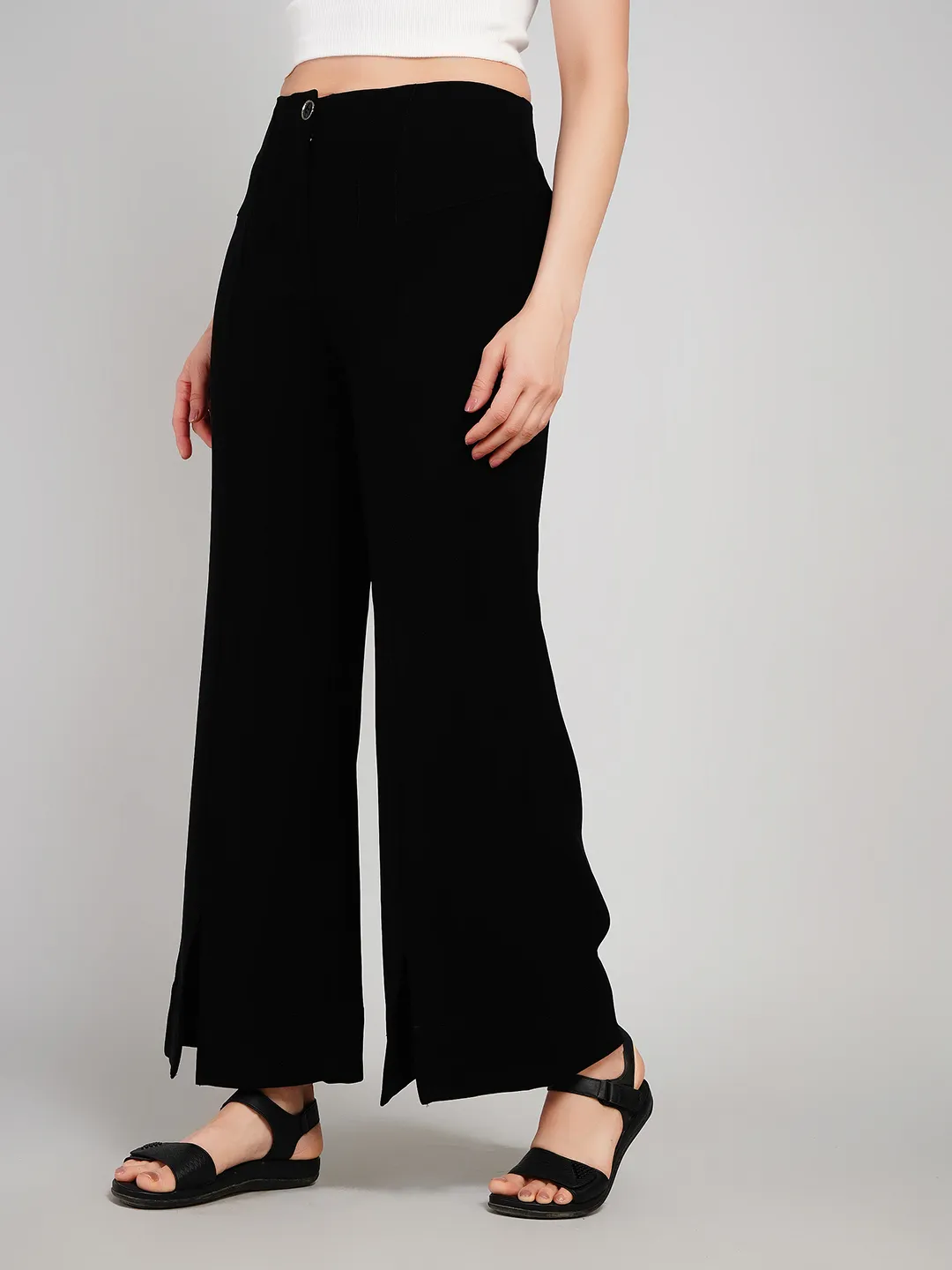 Women Black Solid High-Rise Wide-Leg Trousers with Front Slits