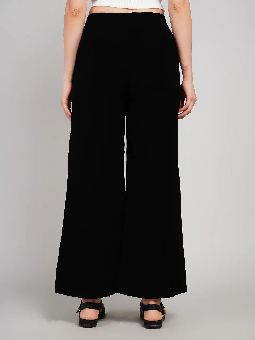 Women Black Solid High-Rise Wide-Leg Trousers with Front Slits