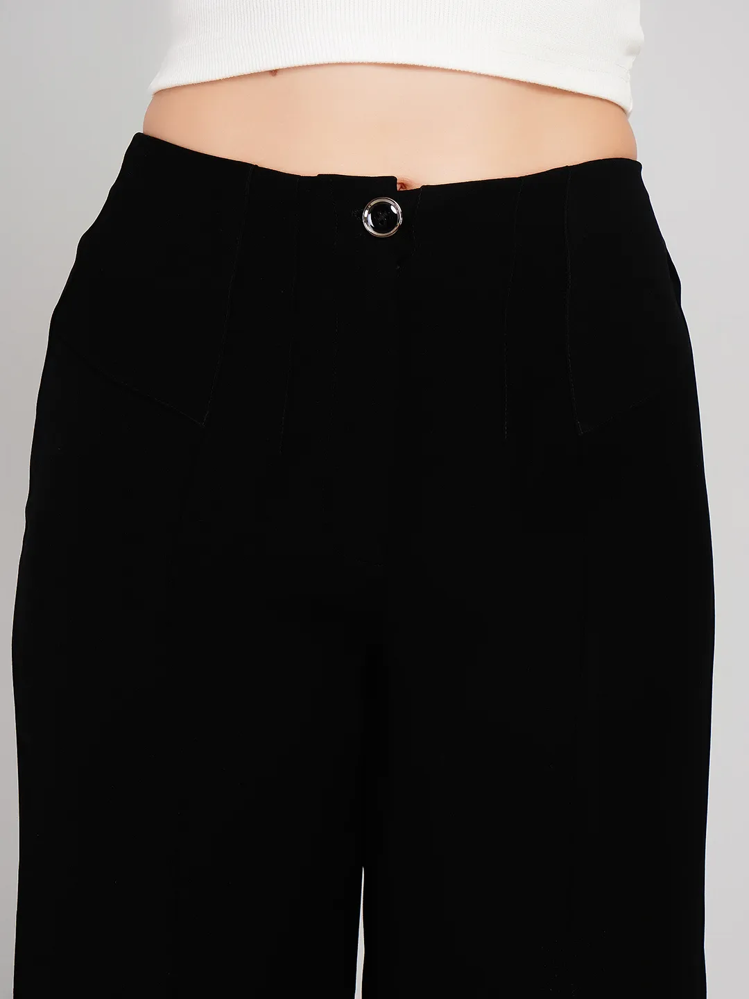 Women Black Solid High-Rise Wide-Leg Trousers with Front Slits