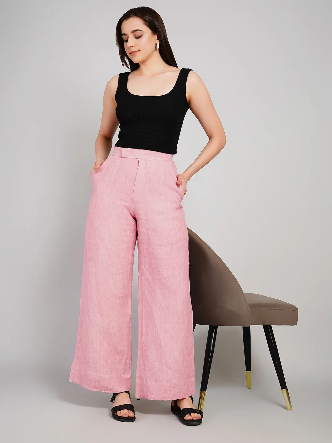 Women Pink Solid High-Rise Wide-Leg Trousers